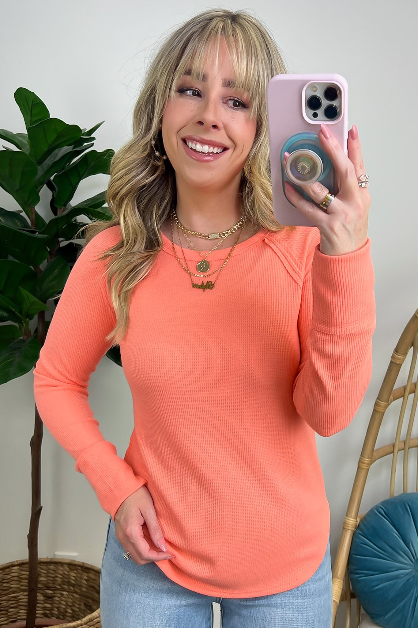 Coral / S Briallyn Waffle Knit Raglan Top - FINAL SALE - Madison and Mallory