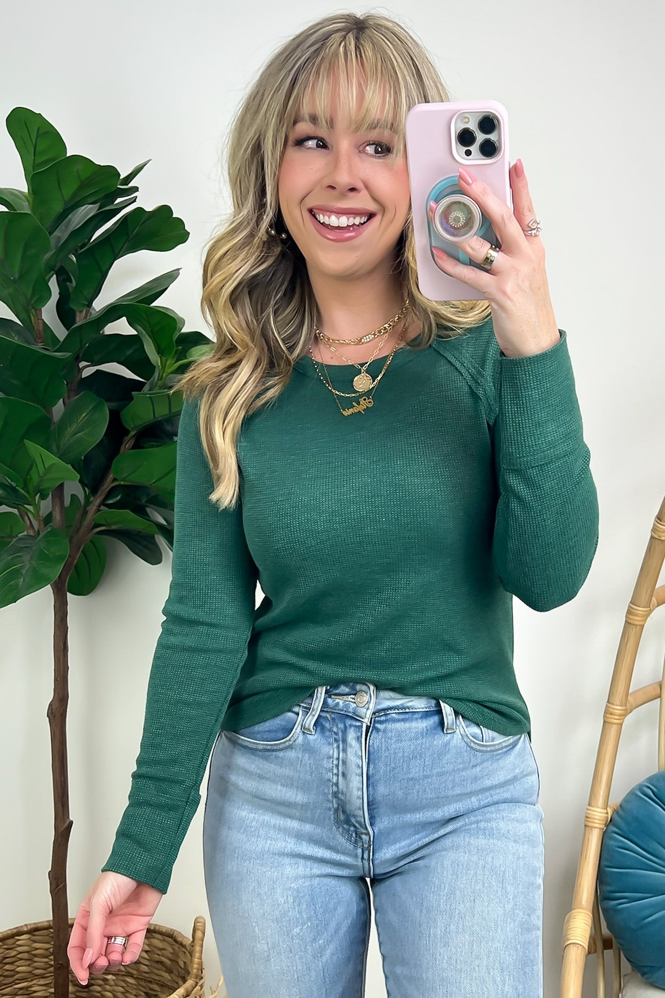 Dark Green / S Briallyn Waffle Knit Raglan Top - FINAL SALE - Madison and Mallory