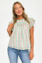 Briena Floral Striped Round Neck Ruffle Sleeves Top - FINAL SALE - Madison and Mallory