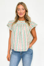 Briena Floral Striped Round Neck Ruffle Sleeves Top - FINAL SALE - Madison and Mallory