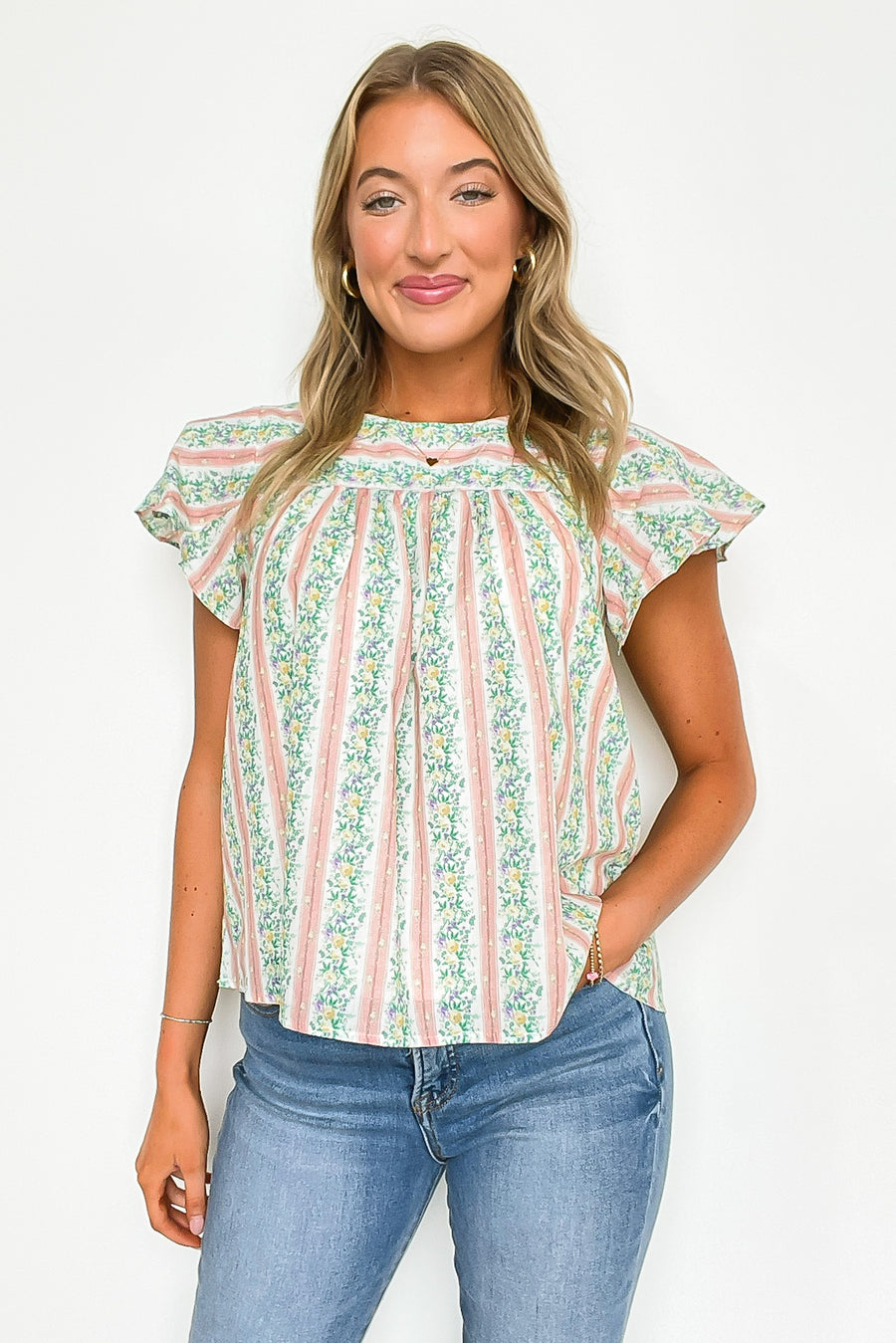 Briena Floral Striped Round Neck Ruffle Sleeves Top - Madison and Mallory