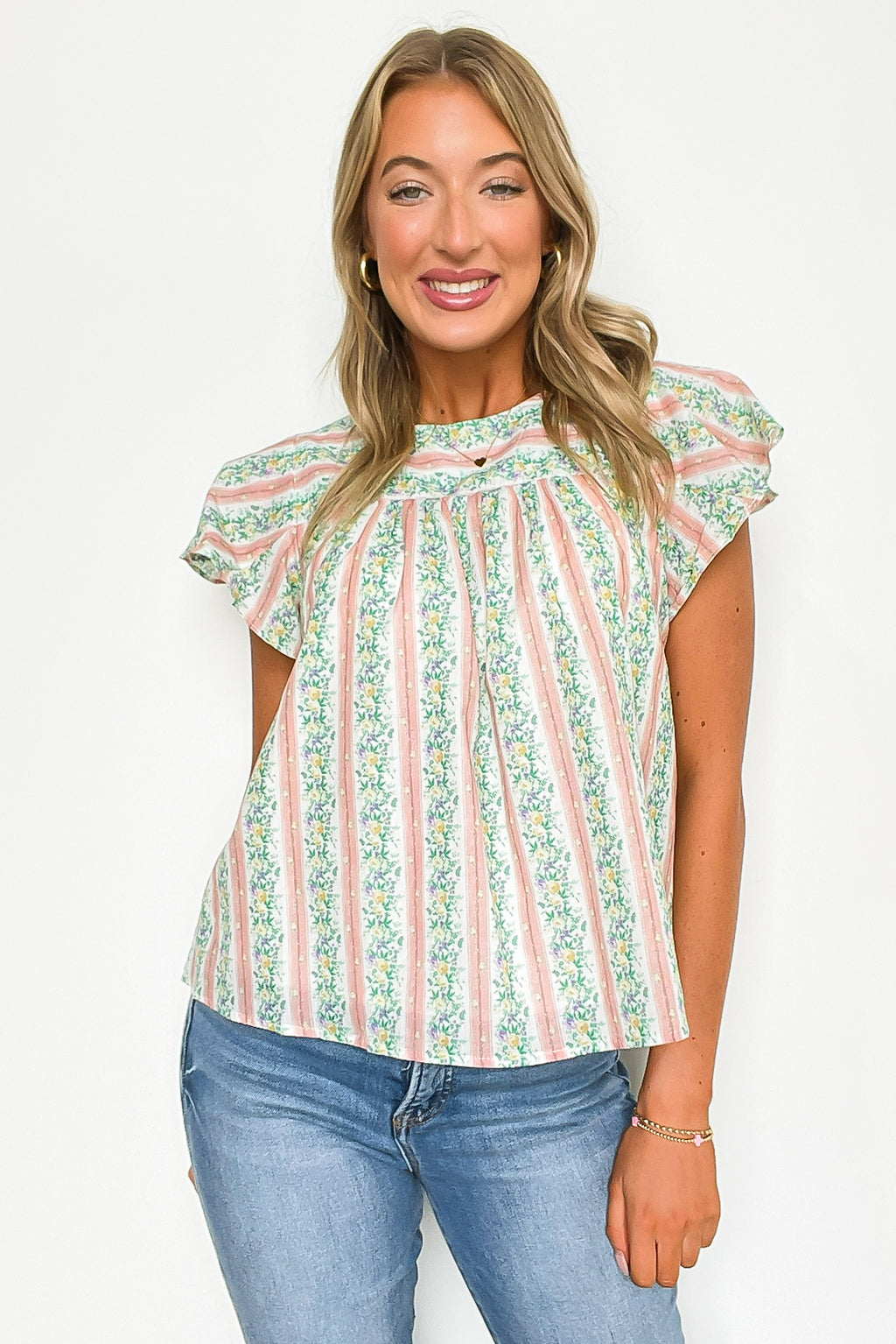 Briena Floral Striped Round Neck Ruffle Sleeves Top - FINAL SALE - Madison and Mallory