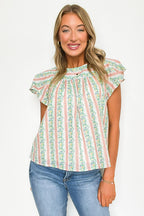 Briena Floral Striped Round Neck Ruffle Sleeves Top - FINAL SALE - Madison and Mallory
