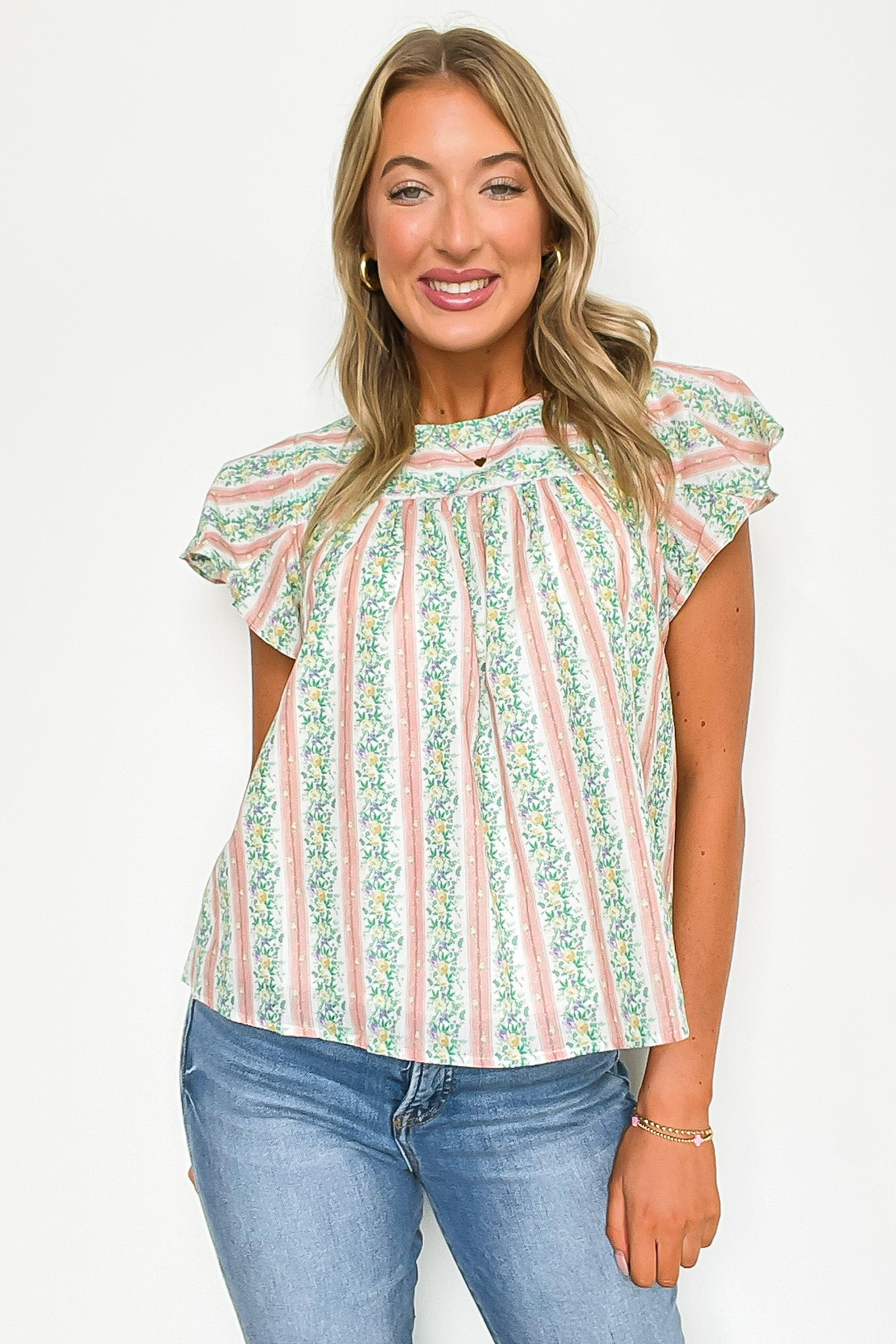 Briena Floral Striped Round Neck Ruffle Sleeves Top - FINAL SALE - Madison and Mallory