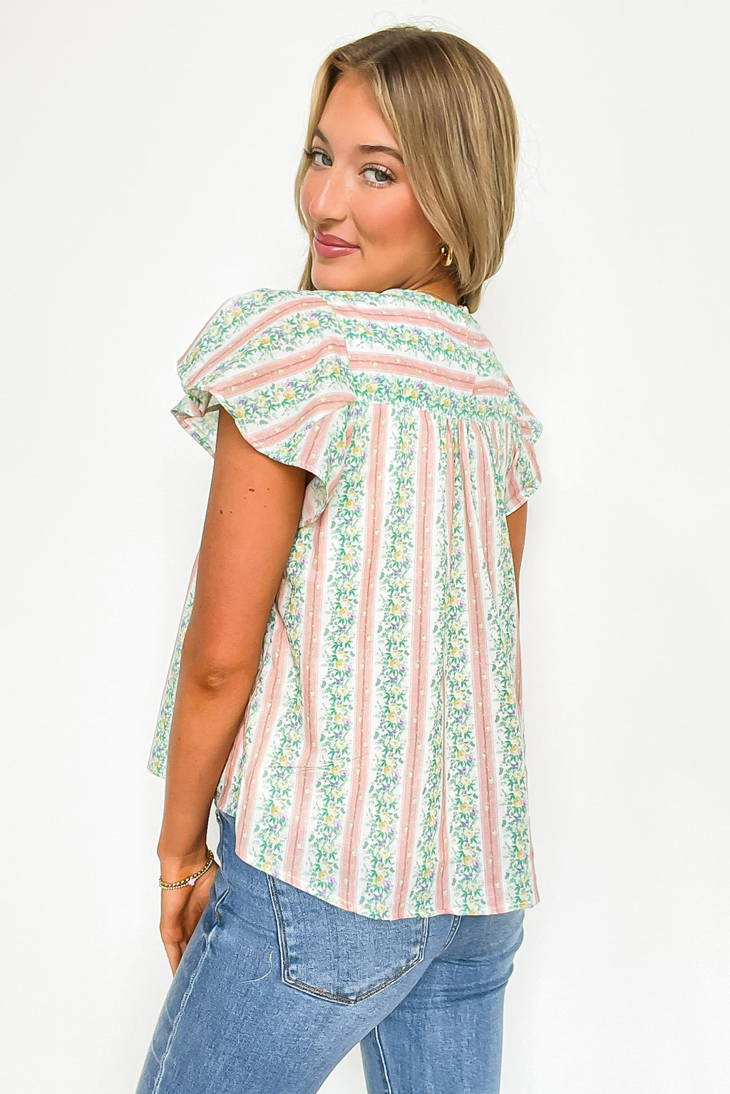Briena Floral Striped Round Neck Ruffle Sleeves Top - FINAL SALE - Madison and Mallory