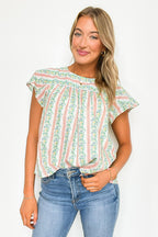 Briena Floral Striped Round Neck Ruffle Sleeves Top - FINAL SALE - Madison and Mallory