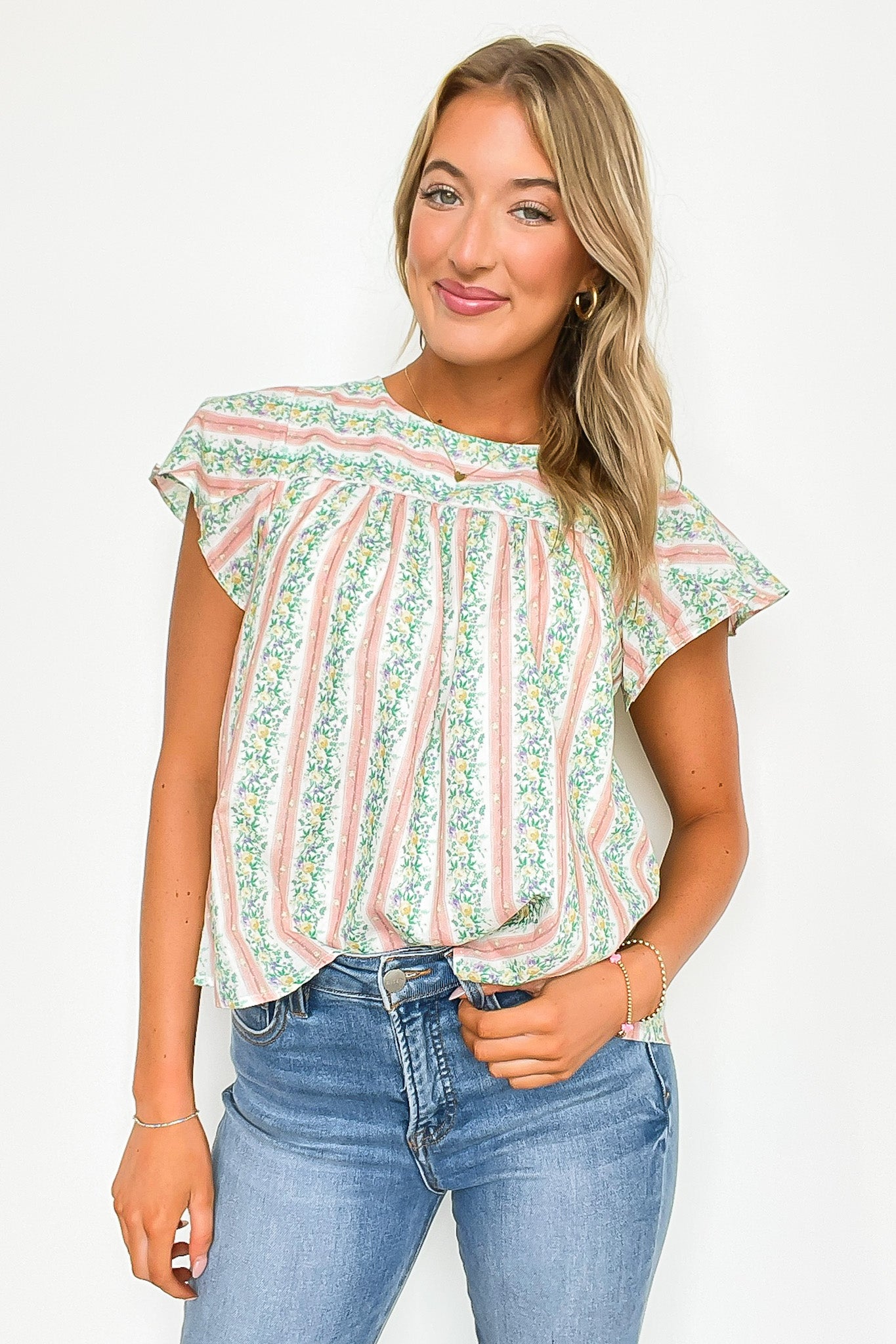 Briena Floral Striped Round Neck Ruffle Sleeves Top - FINAL SALE - Madison and Mallory