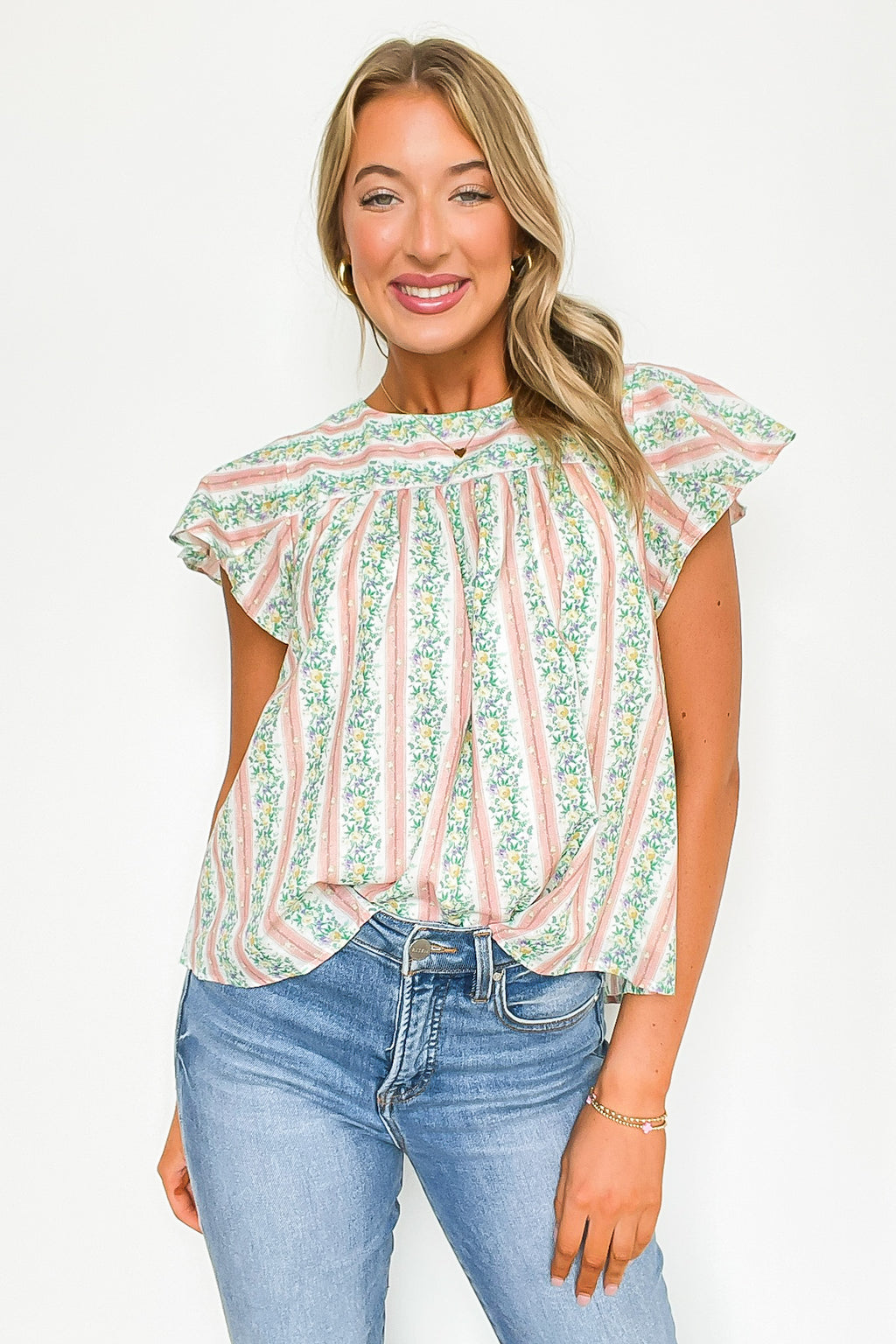 Peach / S Briena Floral Striped Round Neck Ruffle Sleeves Top - FINAL SALE - Madison and Mallory