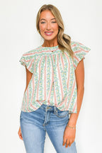 Peach / S Briena Floral Striped Round Neck Ruffle Sleeves Top - FINAL SALE - Madison and Mallory