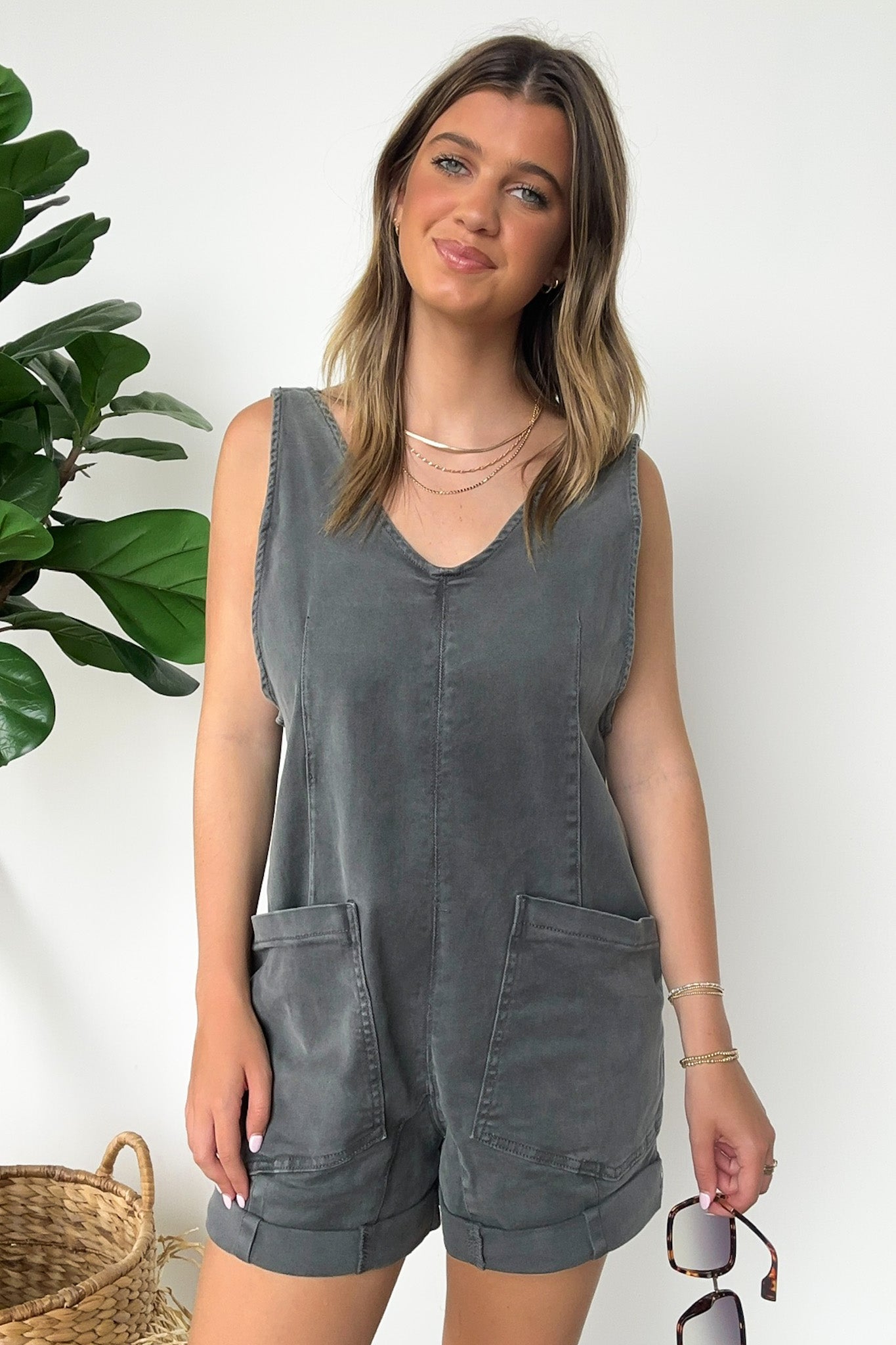 Ash Black / S Brittley Washed Denim Romper - Madison and Mallory