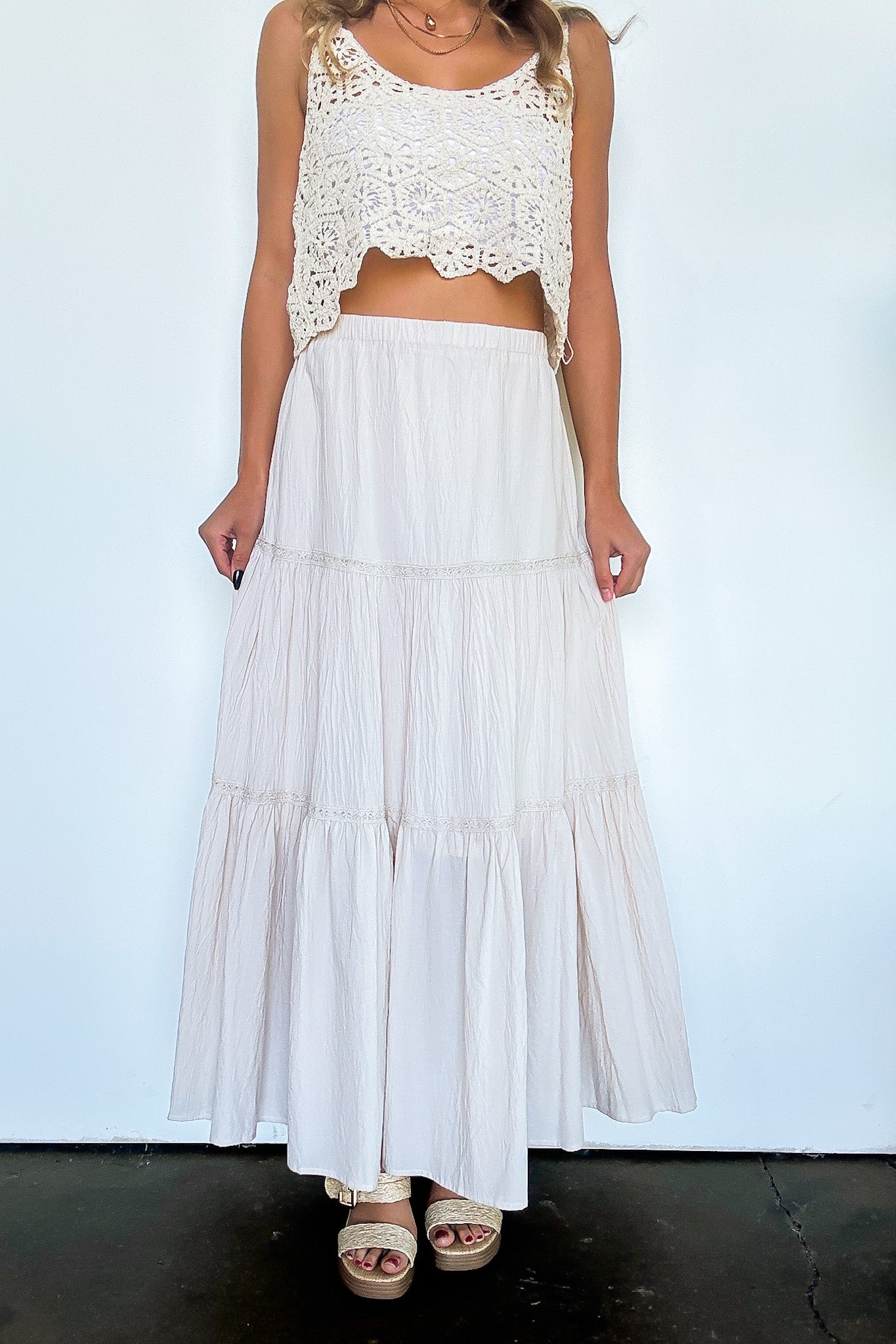 Oatmeal / S Brooke Crochet Detail Tiered Maxi Skirt - FINAL SALE - Madison and Mallory