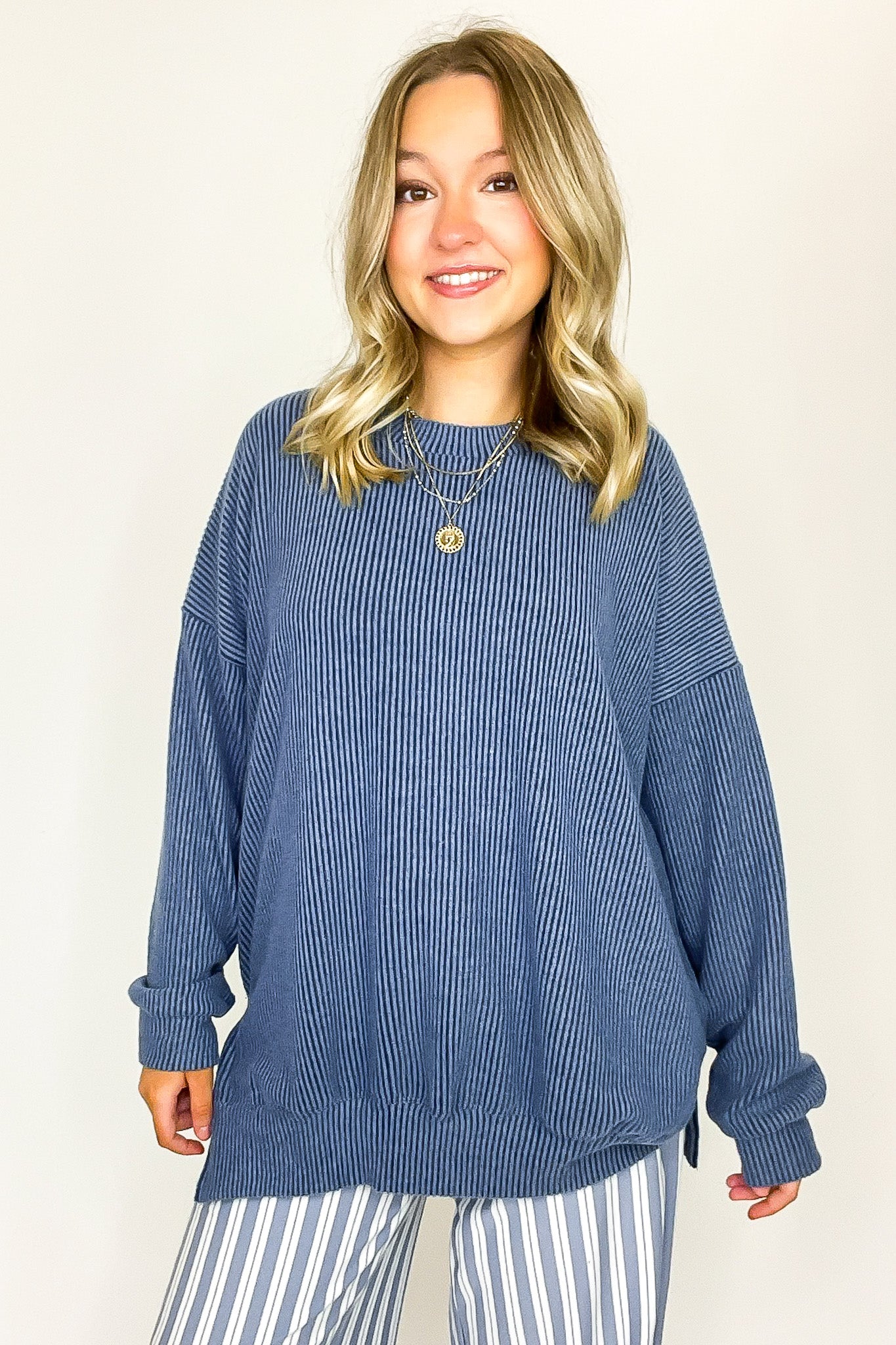 Denim Blue / SM Brushed Bound Oversized Rib Knit Pullover - FINAL SALE - Madison and Mallory