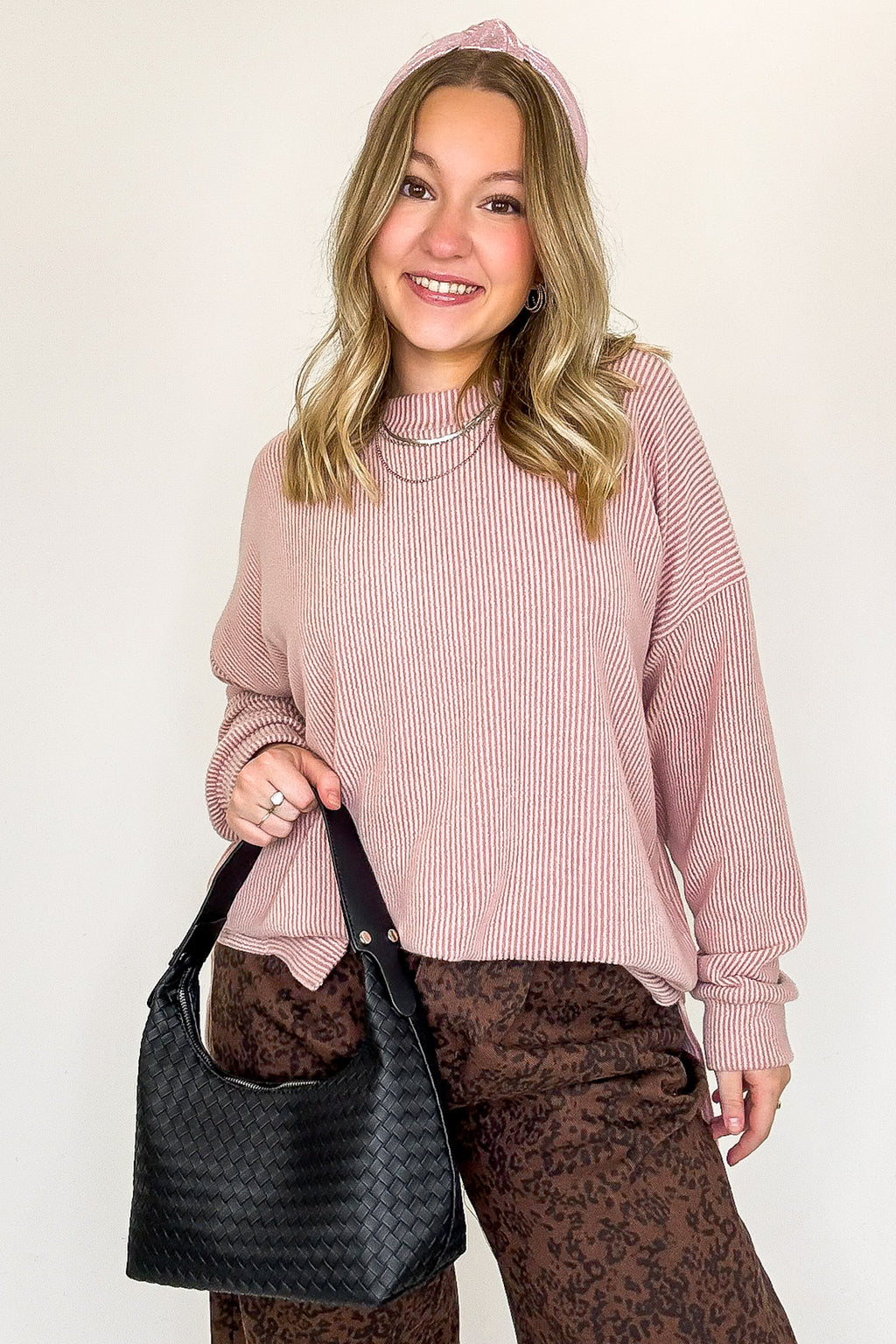 Rose / SM Brushed Bound Oversized Rib Knit Pullover - FINAL SALE - Madison and Mallory