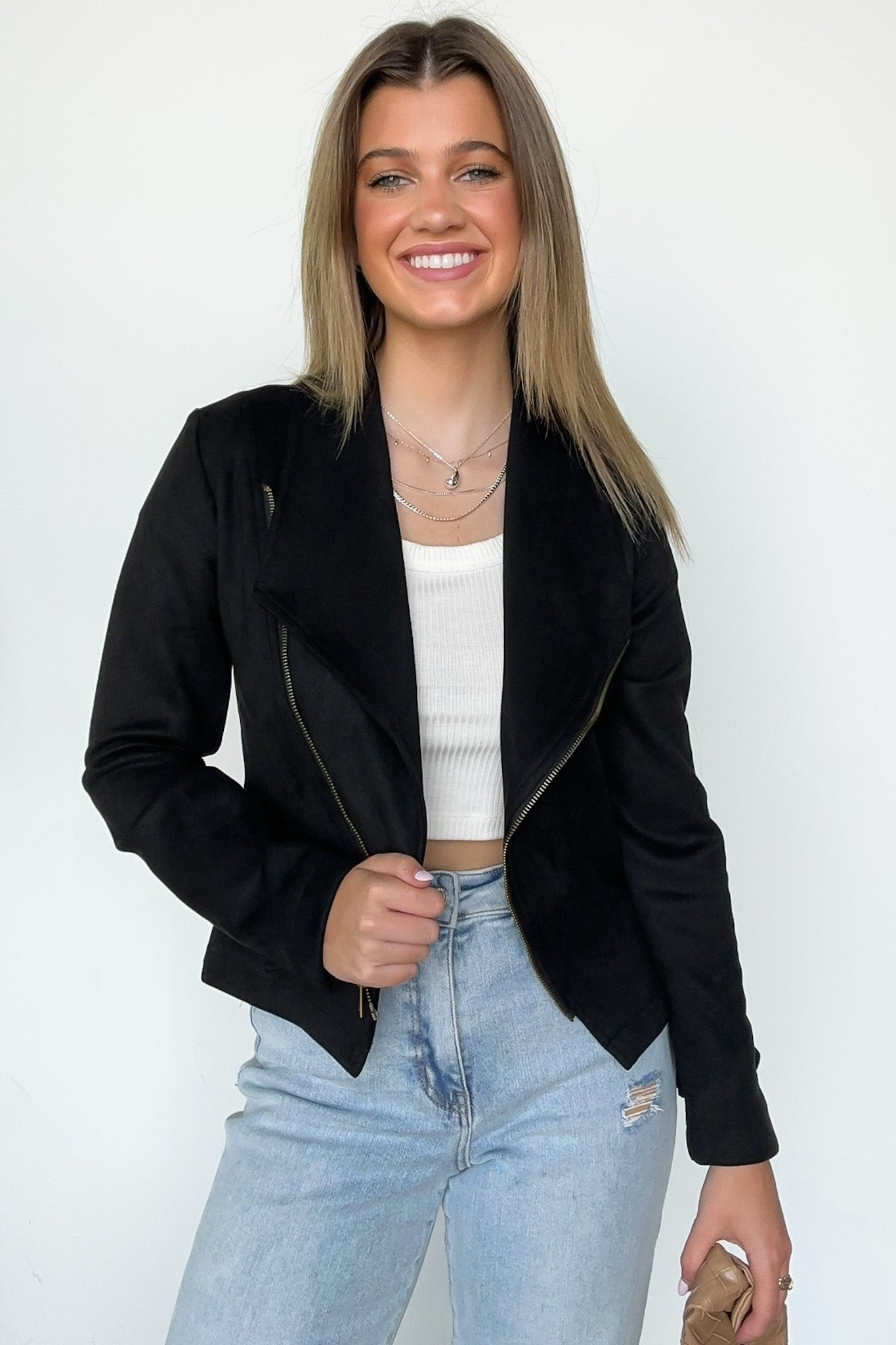 Black / S Brynlee Faux Suede Zip Up Moto Jacket - Madison and Mallory