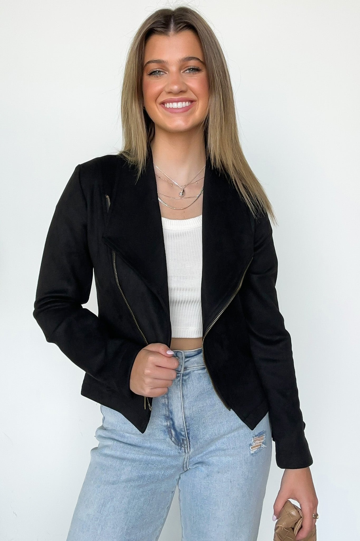 Black / S Brynlee Faux Suede Zip Up Moto Jacket - FINAL SALE - Madison and Mallory
