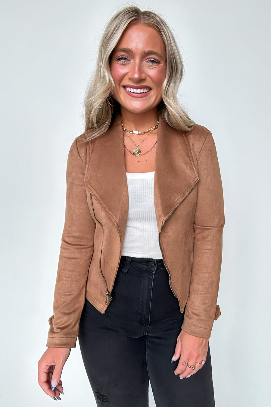 Camel / S Brynlee Faux Suede Zip Up Moto Jacket - Madison and Mallory