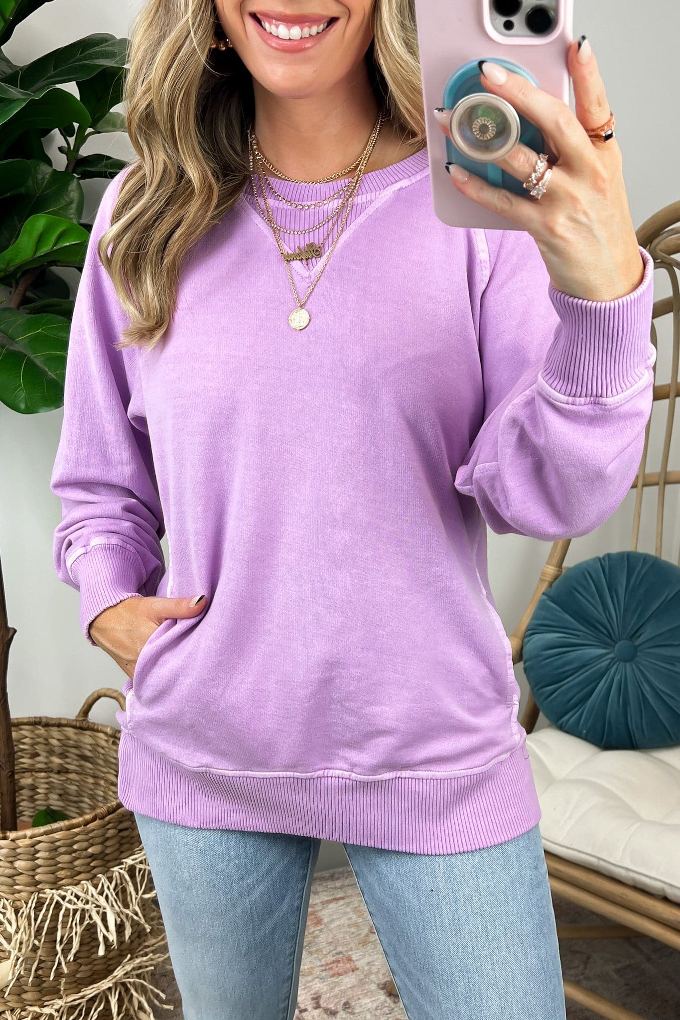 Bright Lavender / S Brynna Pigment Dyed Long Sleeve Pullover - FINAL SALE - Madison and Mallory