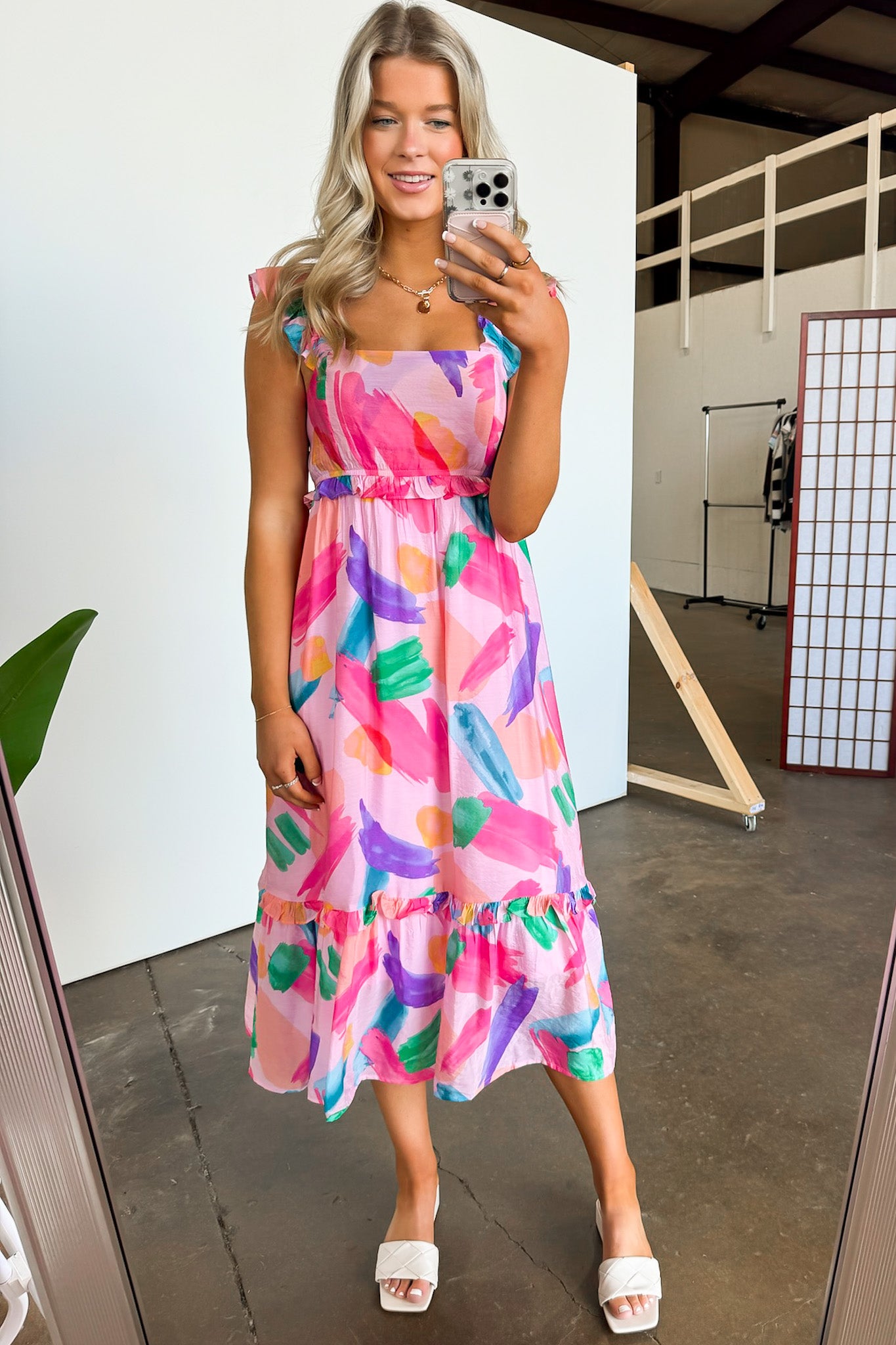 S / Pink Multi Bubbly Bliss Brush Stroke Ruffle Dress - BACK IN STOCK - Madison and Mallory