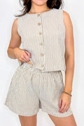 Mocha / S Buttoned Breeze Striped Top and Shorts Set - Madison and Mallory