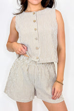 Mocha / S Buttoned Breeze Striped Top and Shorts Set - Madison and Mallory