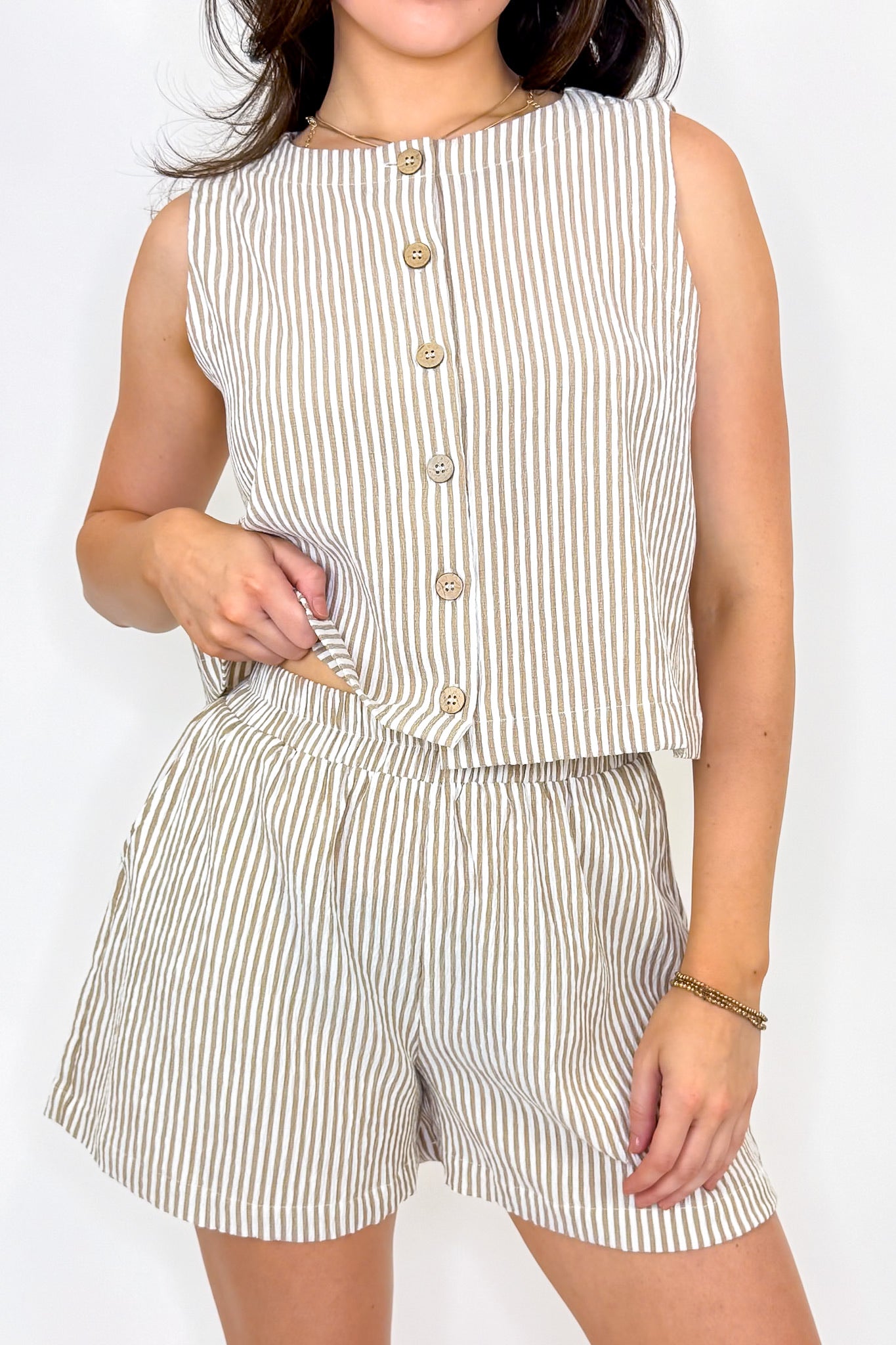 Mocha / S Buttoned Breeze Striped Top and Shorts Set - Madison and Mallory