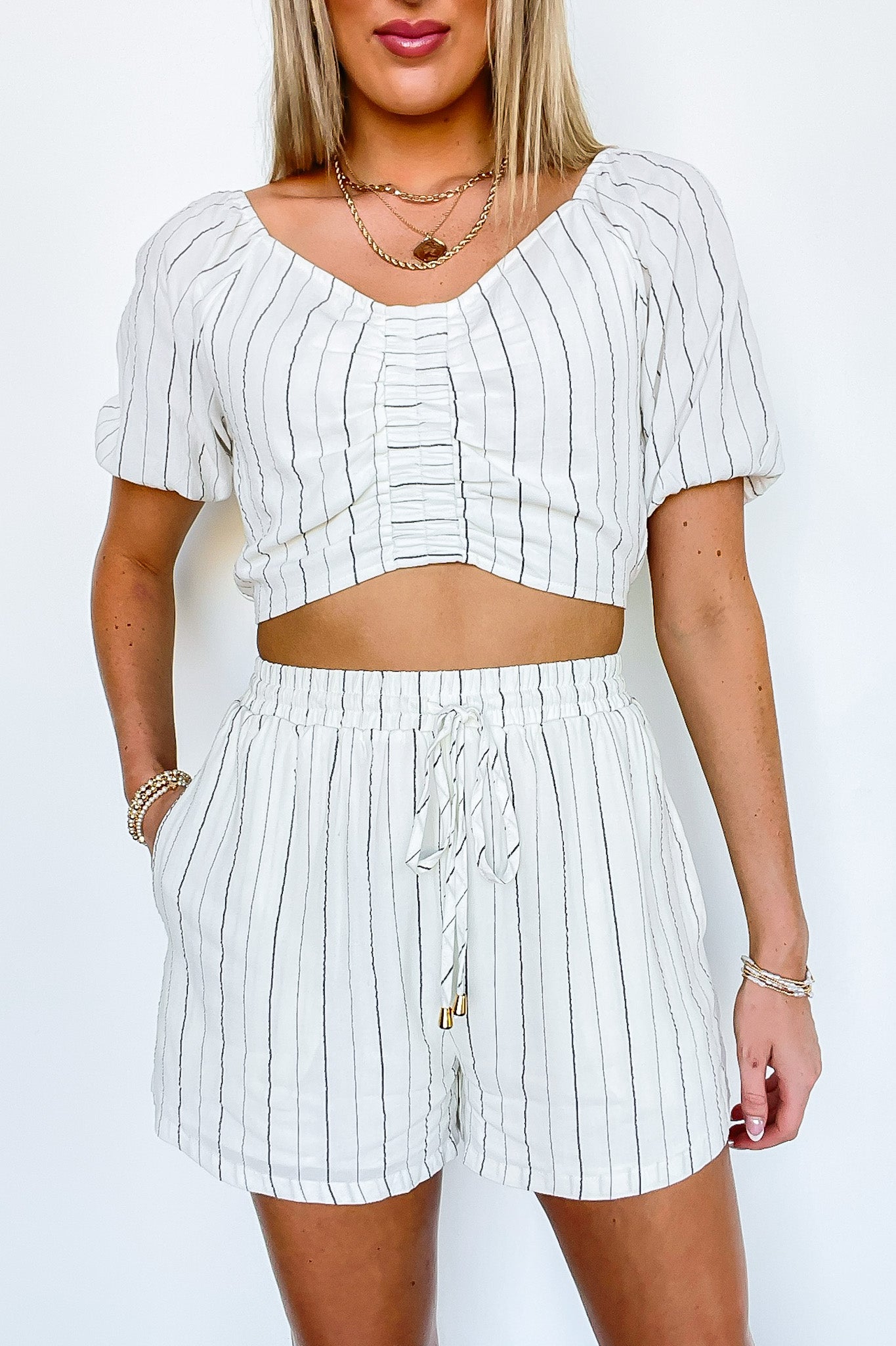 By the Bay Soft Striped Woven Drawstring Shorts - Madison and Mallory