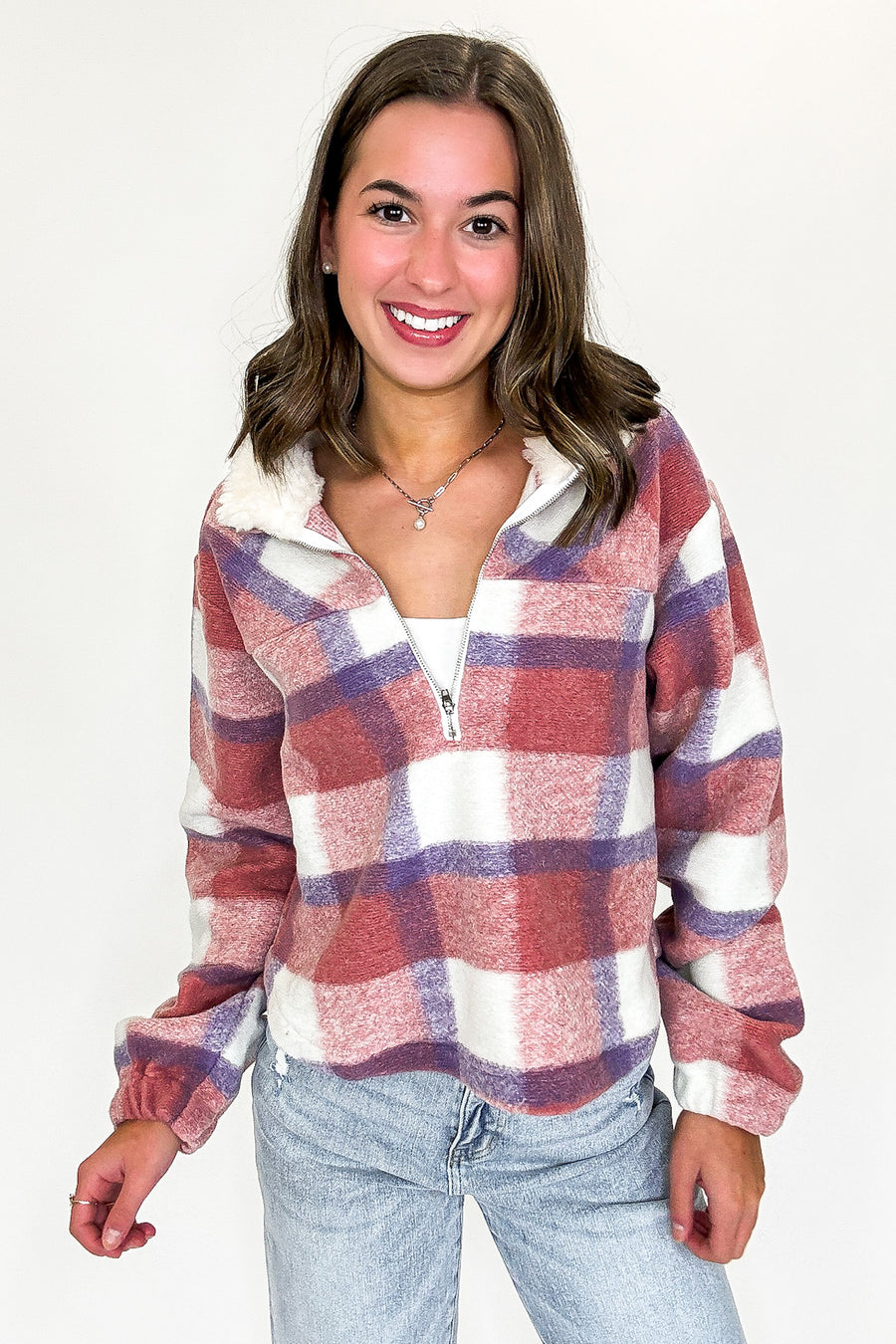 S / Pink Cabin Glow Plaid Fleece Pullover - Madison and Mallory
