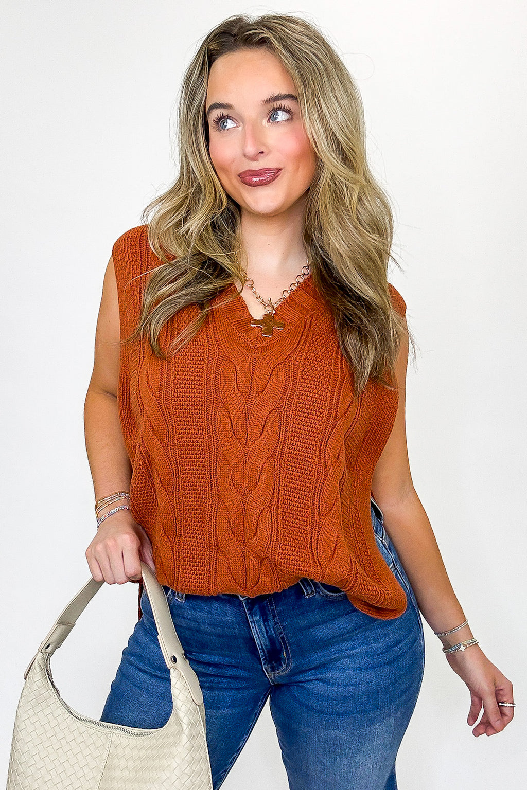 Cable Lane V-Neck Drop Shoulder Sweater Vest - FINAL SALE - Madison and Mallory