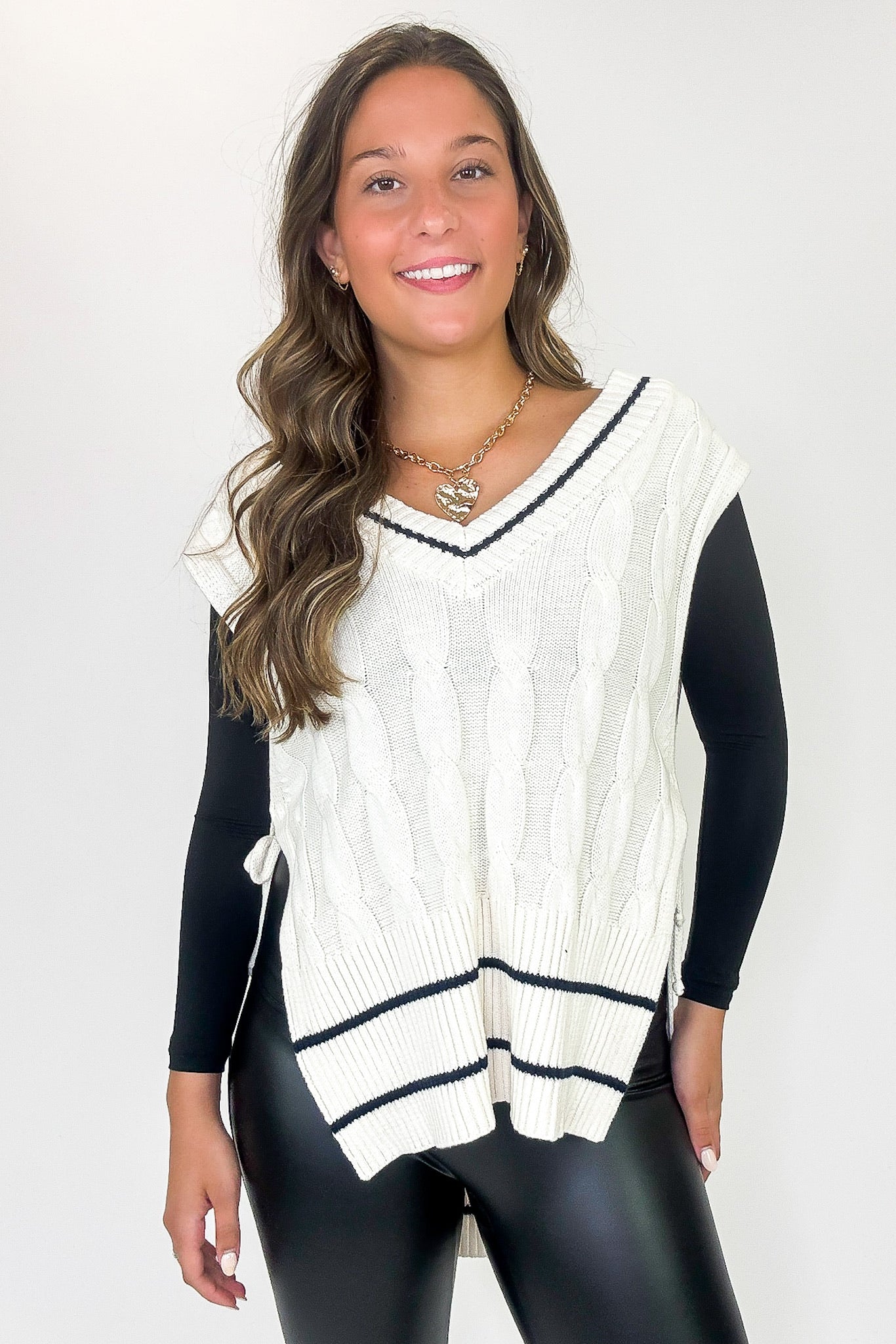 S / Cream Cable Core Relaxed Fit V-neck Cable Knit Sweater Vest - Madison and Mallory