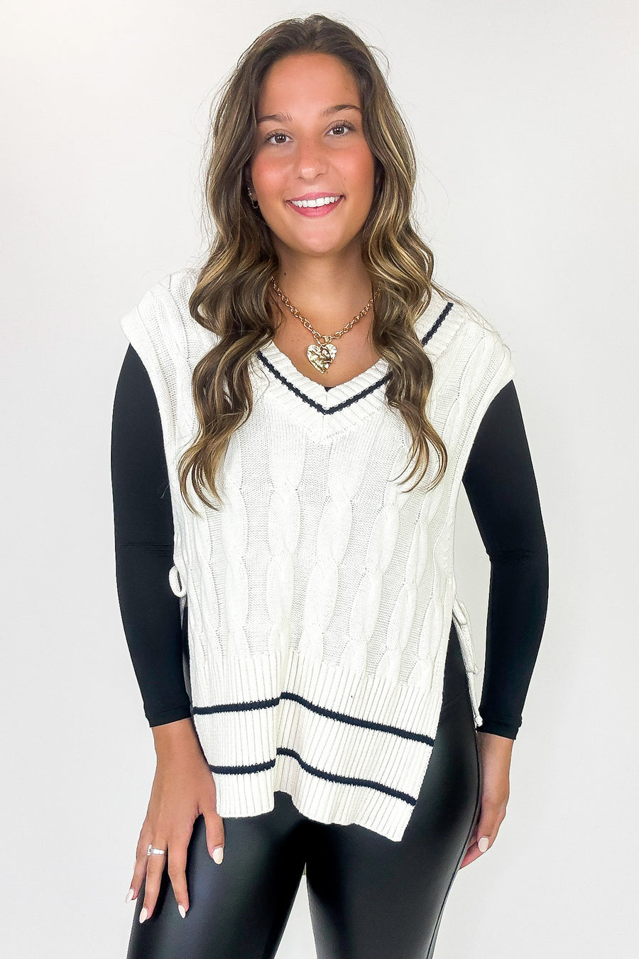 Cable Core Relaxed Fit V-neck Cable Knit Sweater Vest - Madison and Mallory