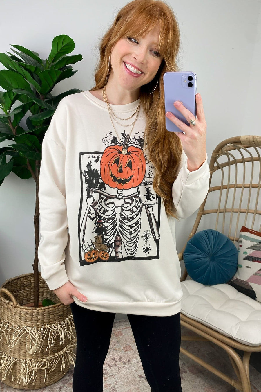 S / Natural Caffeinated Skeleton Pumpkin Graphic Sweatshirt - BACK IN STOCK - Madison and Mallory