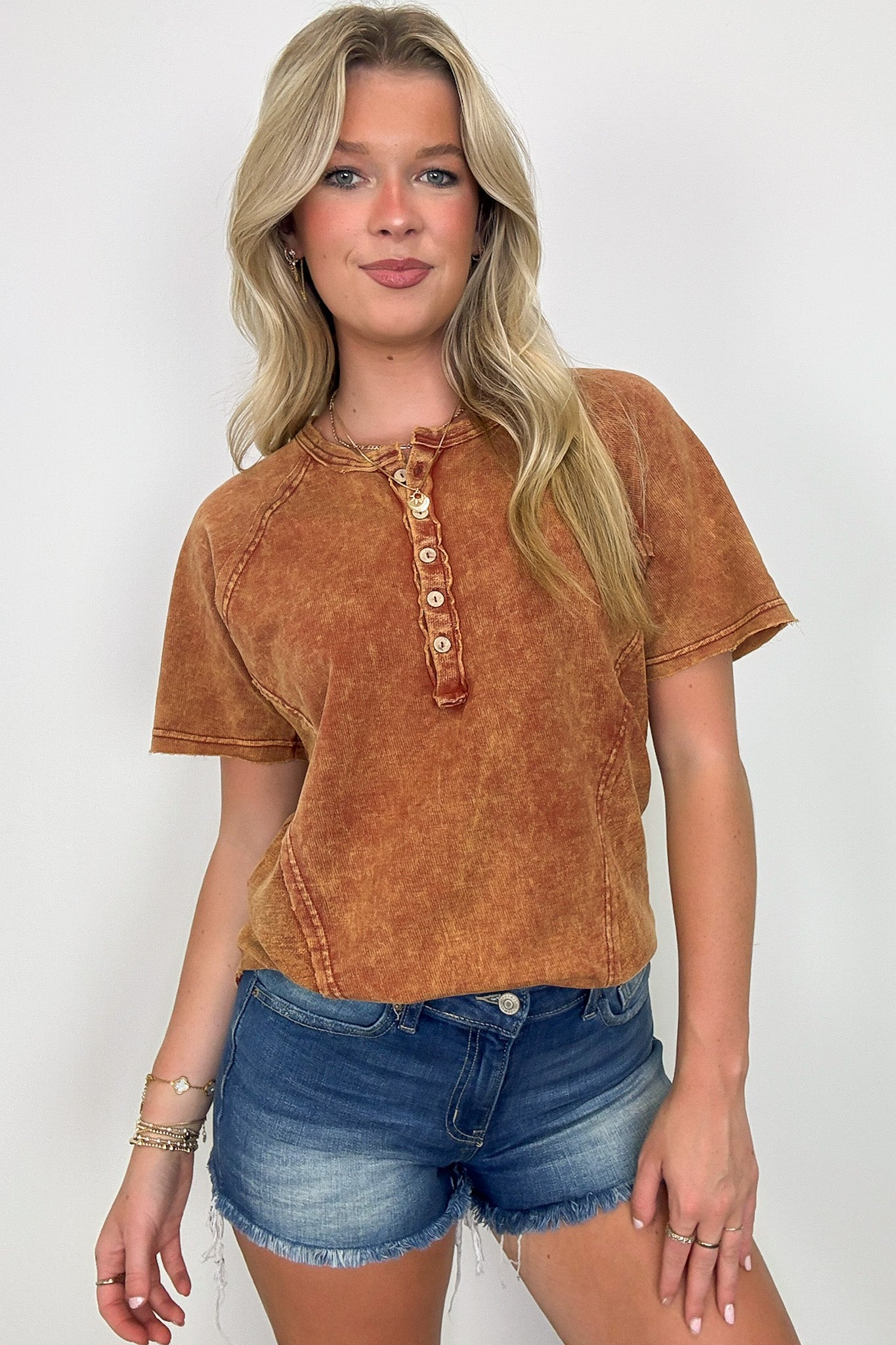 Rust / S Caleb Acid Wash Raglan Button Henley Top - BACK IN STOCK - Madison and Mallory