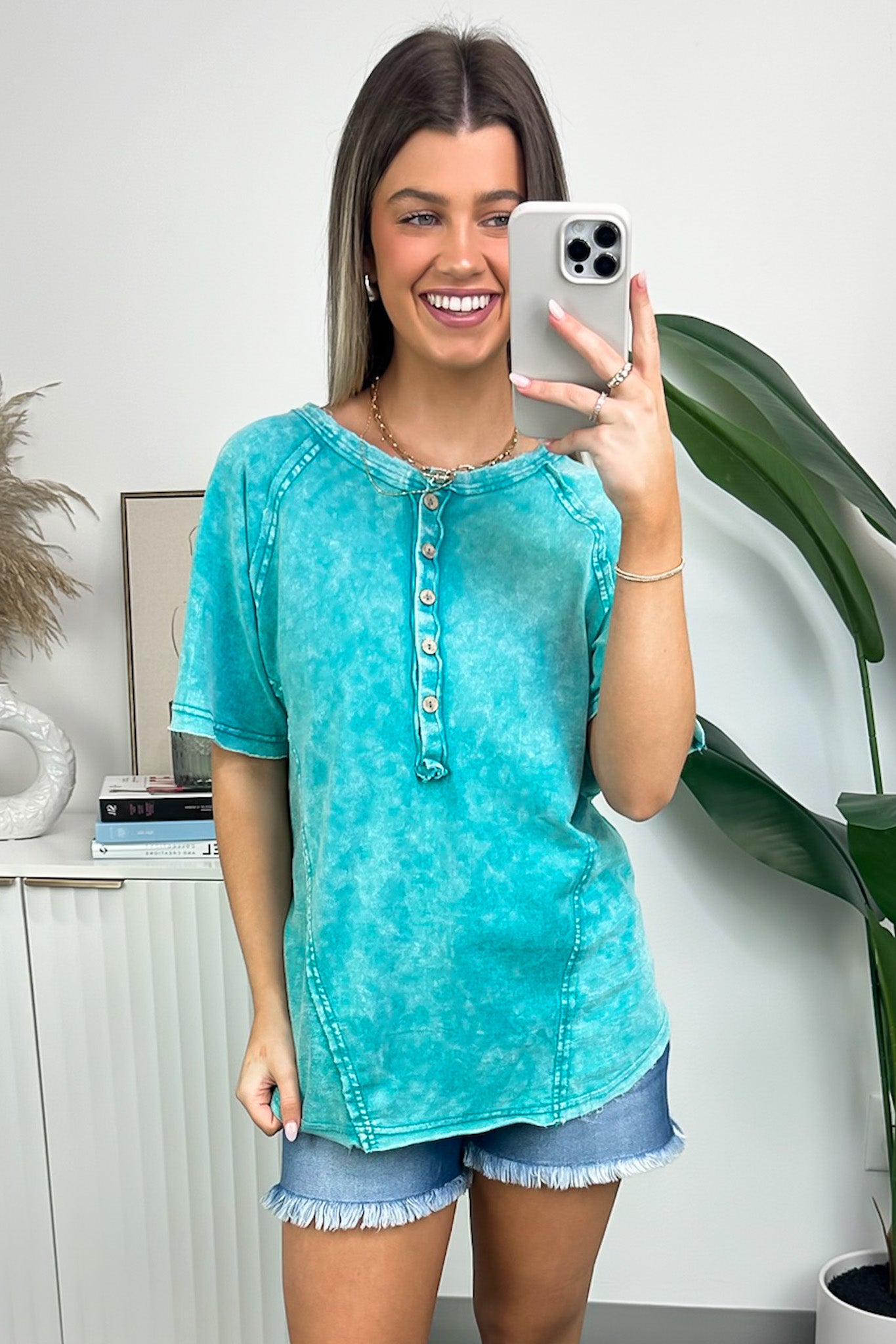 Light Teal / S Caleb Acid Wash Raglan Button Henley Top - FINAL SALE - Madison and Mallory