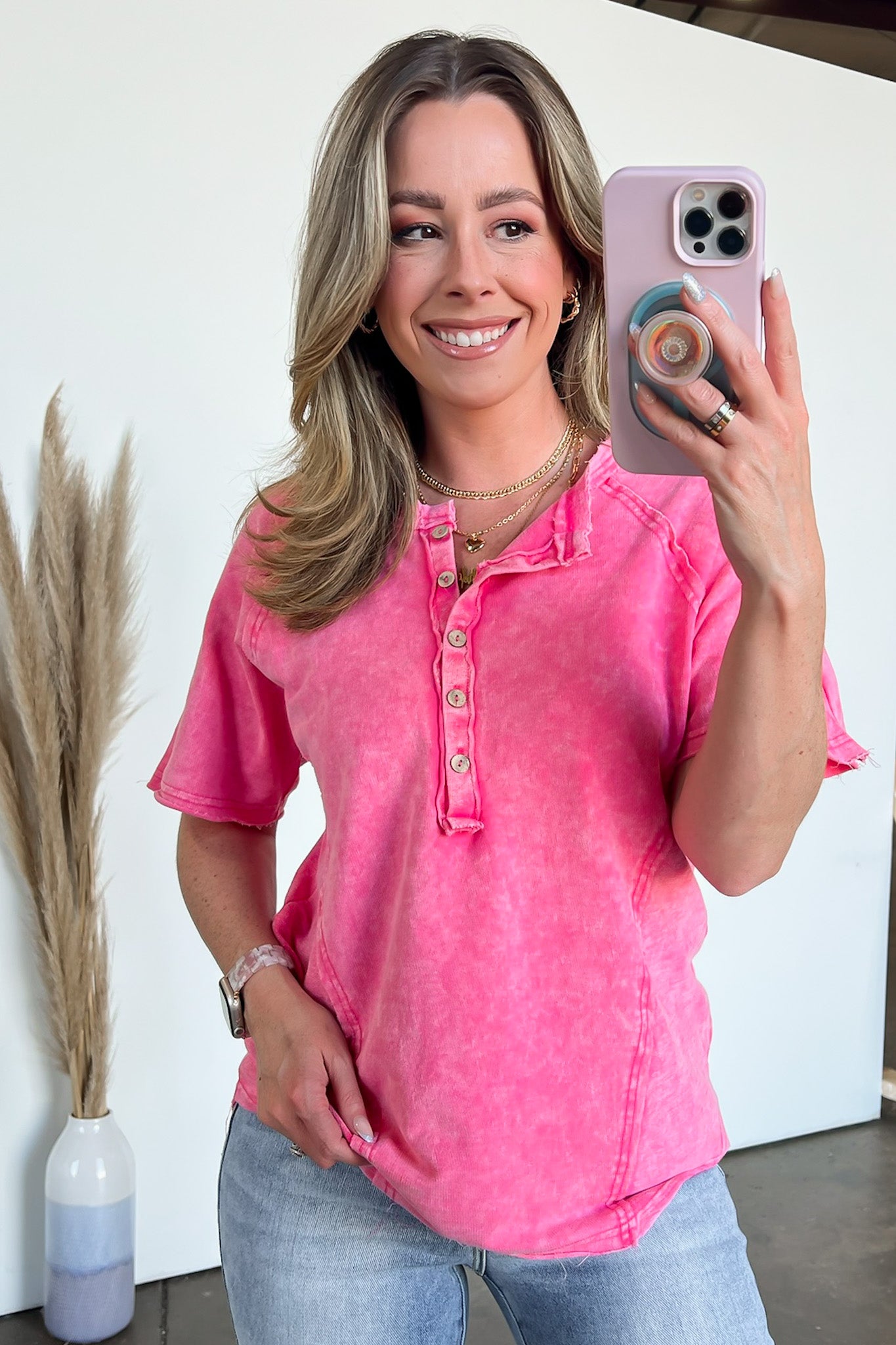Fuchsia / S Caleb Acid Wash Raglan Button Henley Top - FINAL SALE - Madison and Mallory