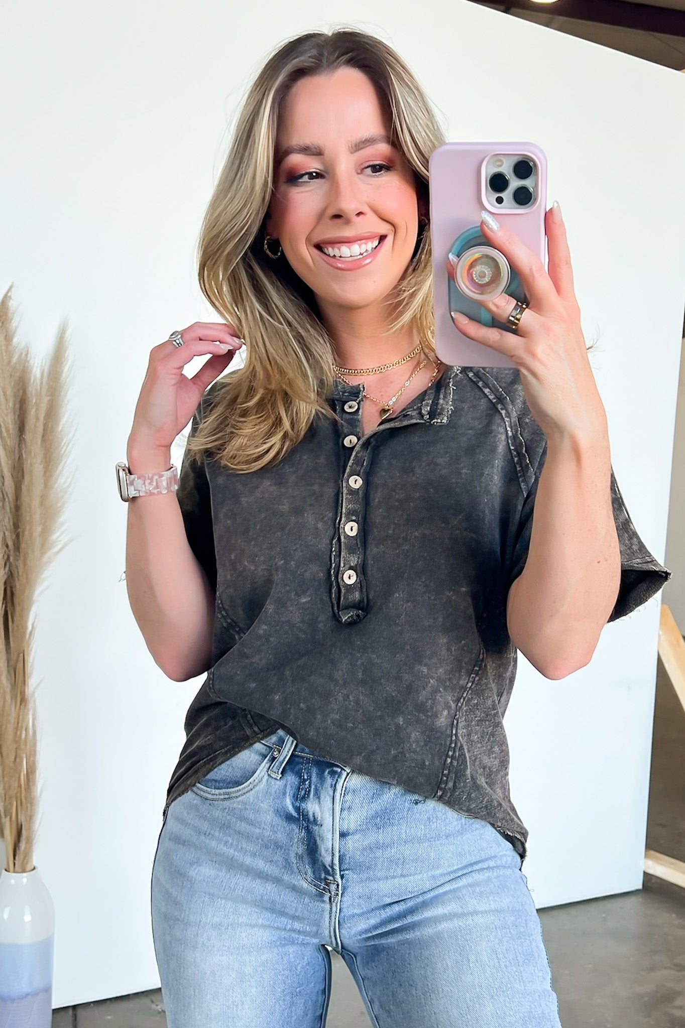 Ash Black / S Caleb Acid Wash Raglan Button Henley Top - FINAL SALE - Madison and Mallory