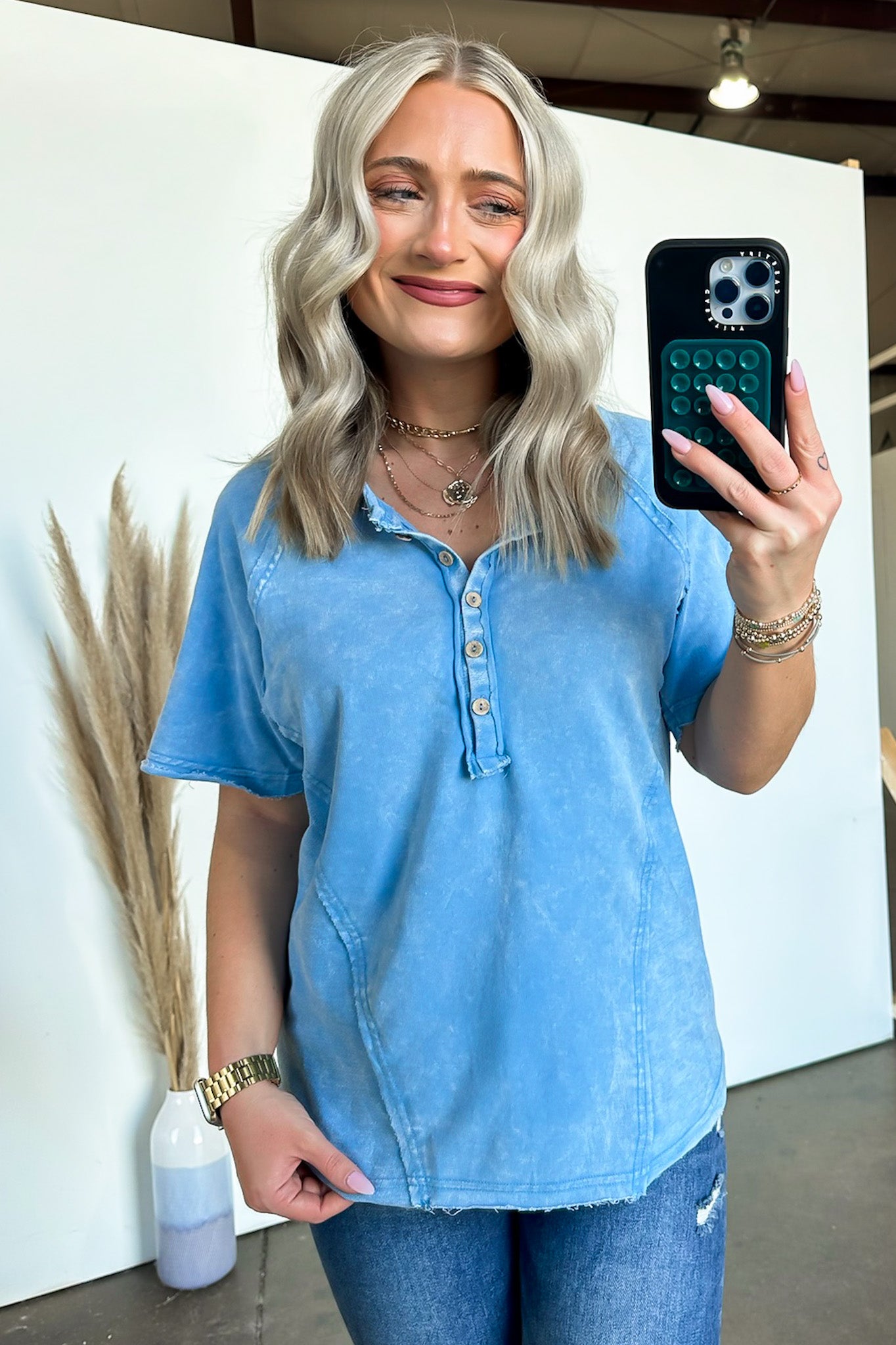 Deep Sky / S Caleb Acid Wash Raglan Button Henley Top - FINAL SALE - Madison and Mallory