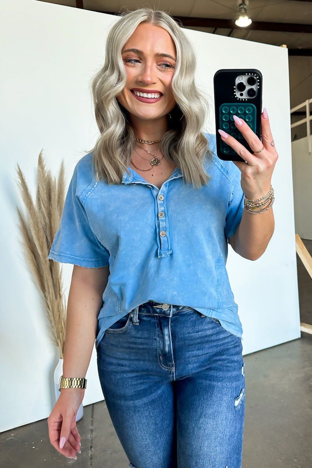  Caleb Acid Wash Raglan Button Henley Top - BACK IN STOCK - Madison and Mallory