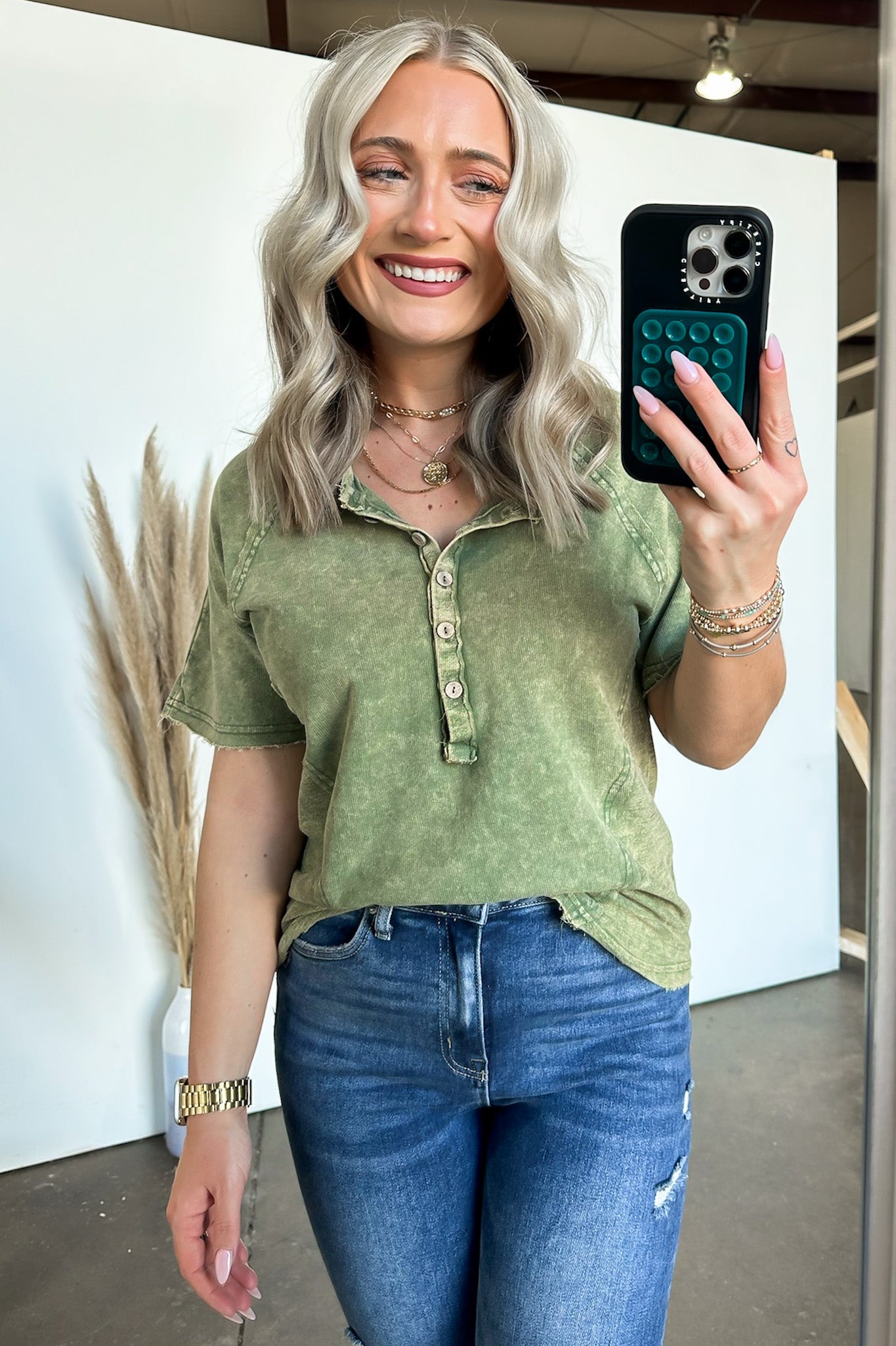 Ash Olive / S Caleb Acid Wash Raglan Button Henley Top - FINAL SALE - Madison and Mallory