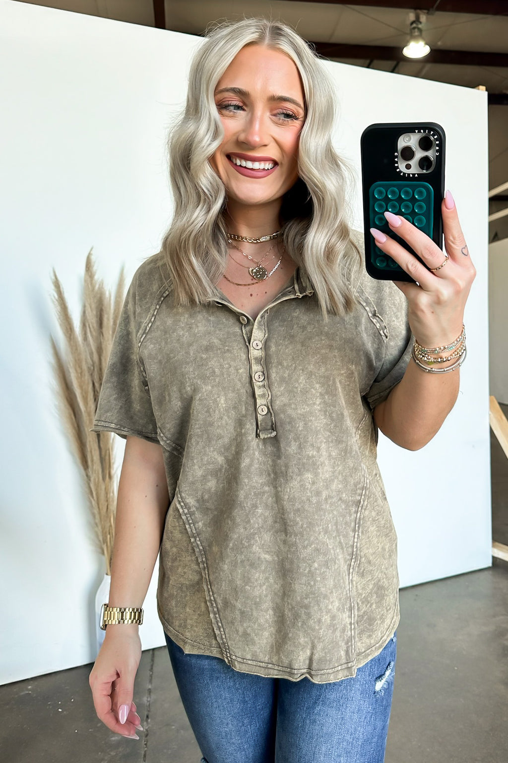  Caleb Acid Wash Raglan Button Henley Top - BACK IN STOCK - Madison and Mallory
