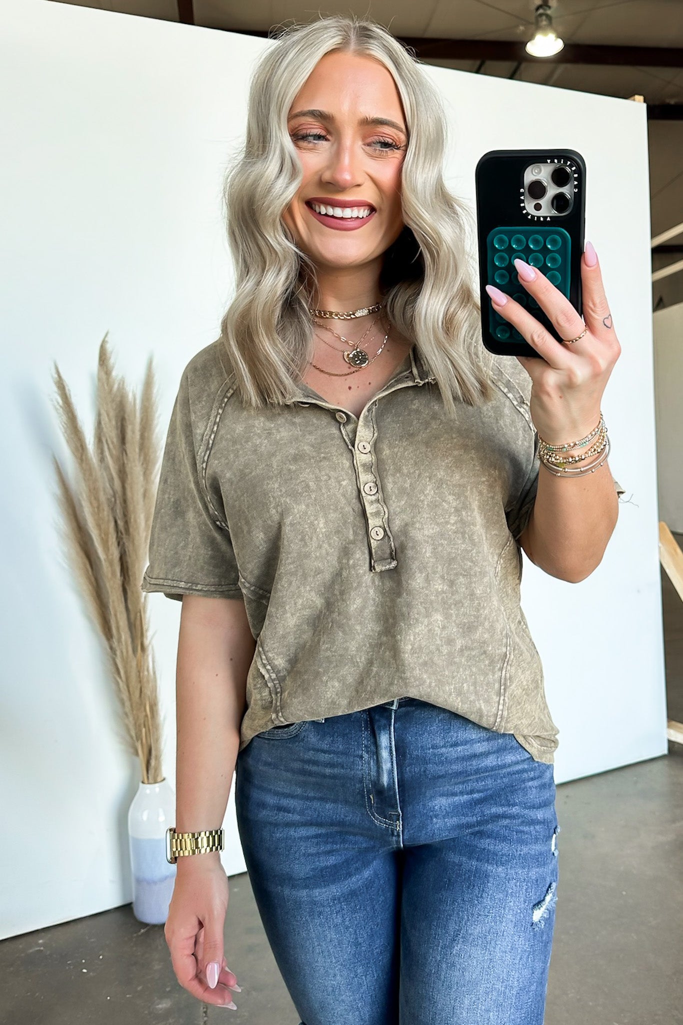 Mocha / S Caleb Acid Wash Raglan Button Henley Top - FINAL SALE - Madison and Mallory