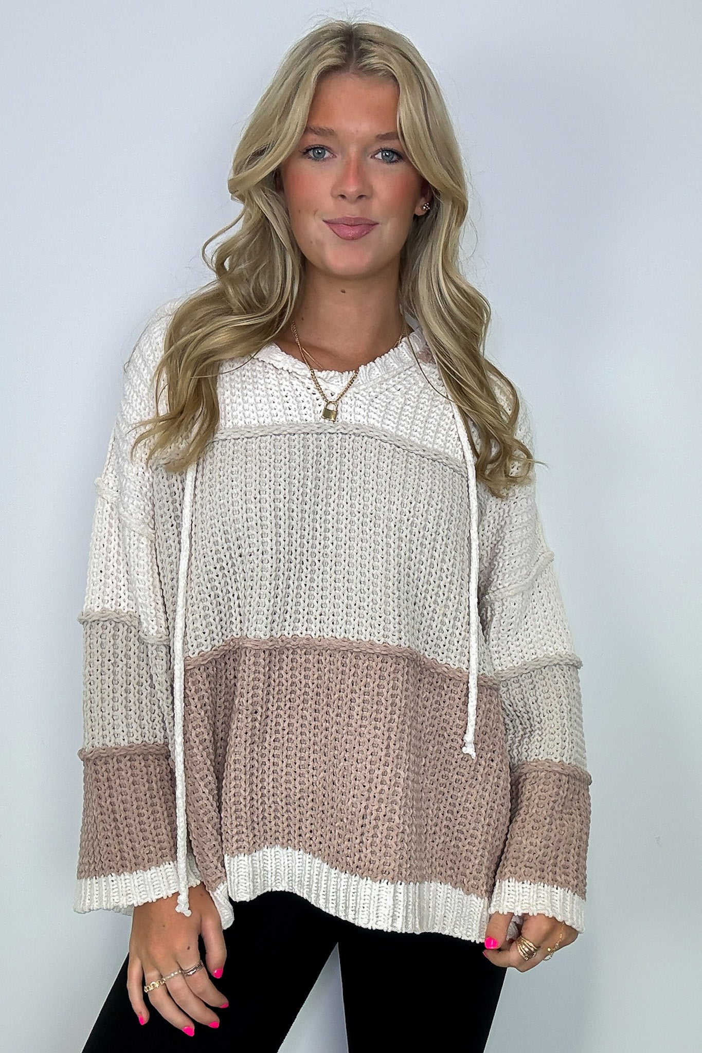  Calena Color Block Knit Hooded Sweater - BACK IN STOCK - Madison and Mallory