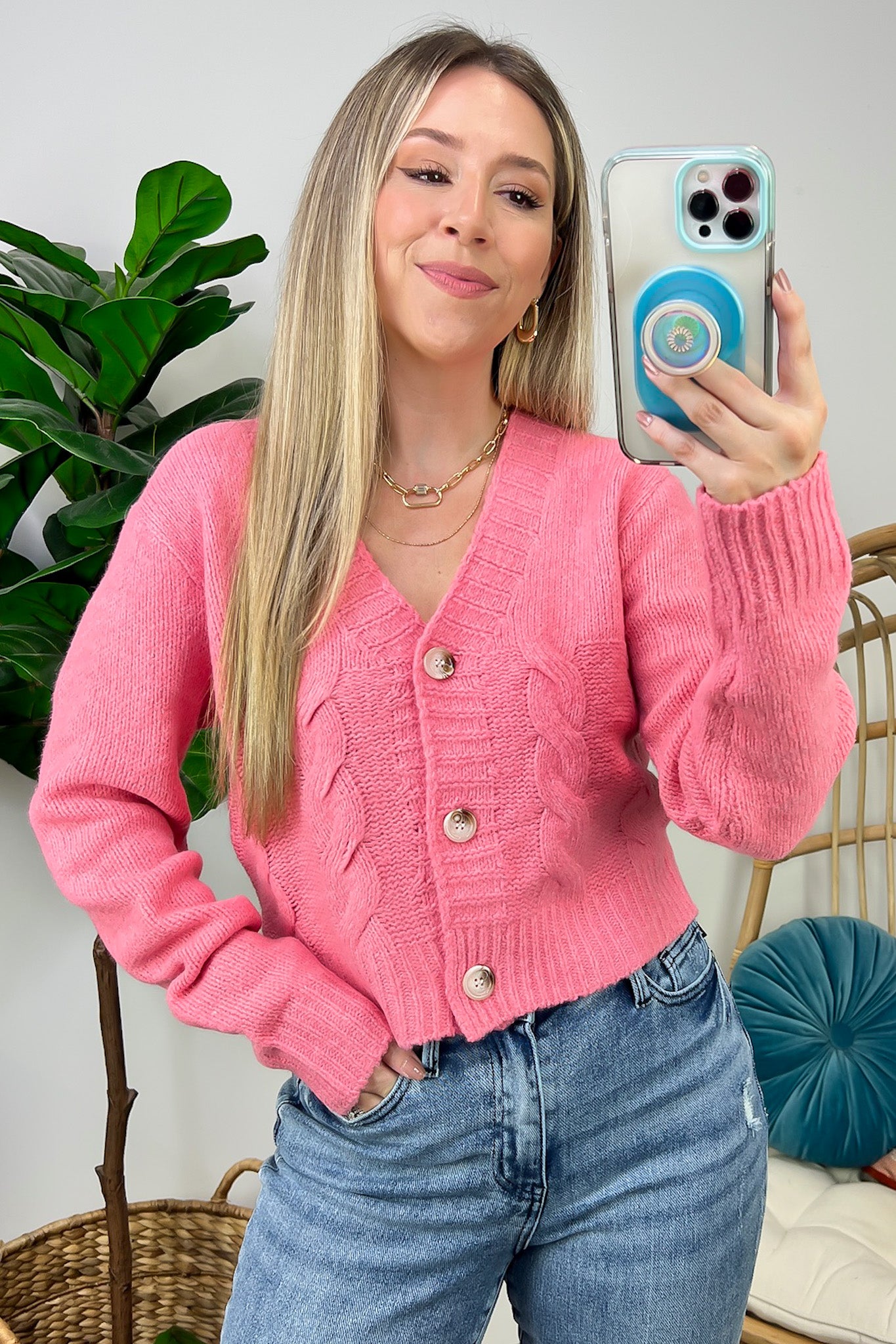 Pink / S Caliah Button Up Knit Sweater - Madison and Mallory