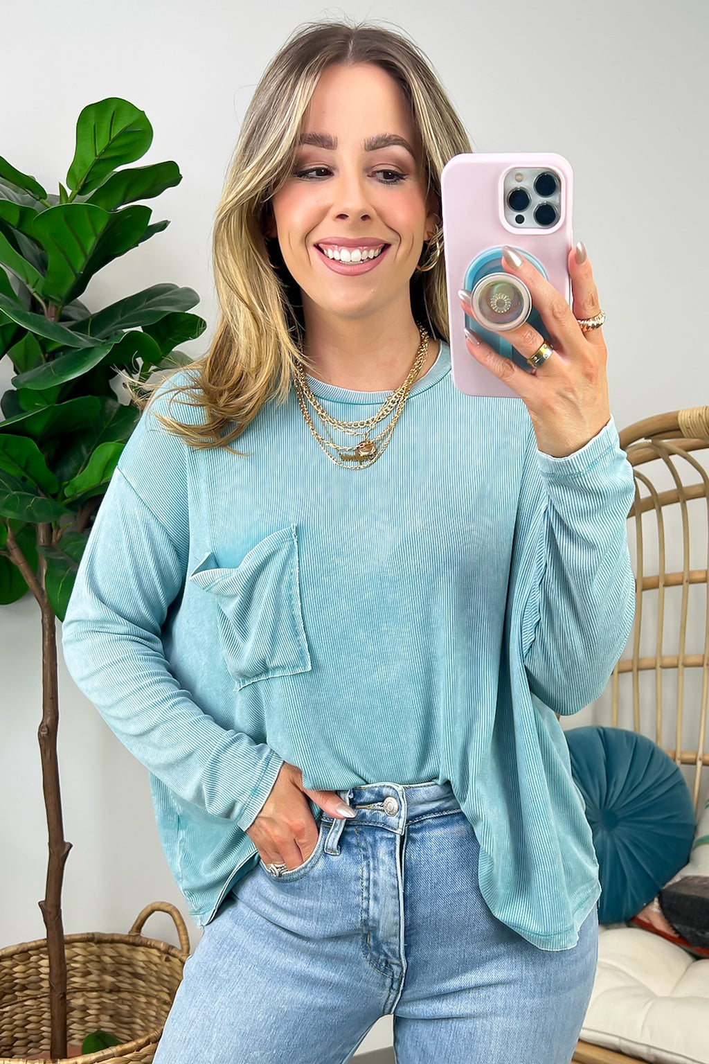 Dusty Teal / SM Caliana Washed Dolman Sleeve Pocket Top - BACK IN STOCK - Madison and Mallory