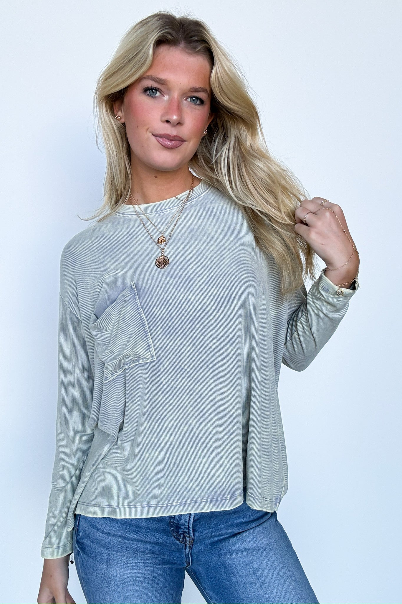 Sleet / SM Caliana Washed Dolman Sleeve Pocket Top - BACK IN STOCK - Madison and Mallory