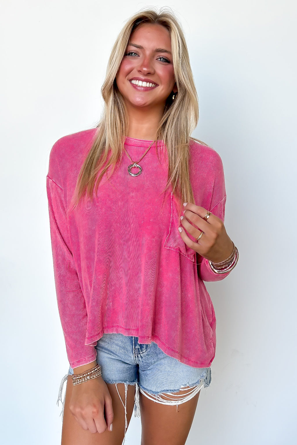 Fuchsia / SM Caliana Washed Dolman Sleeve Pocket Top - Madison and Mallory