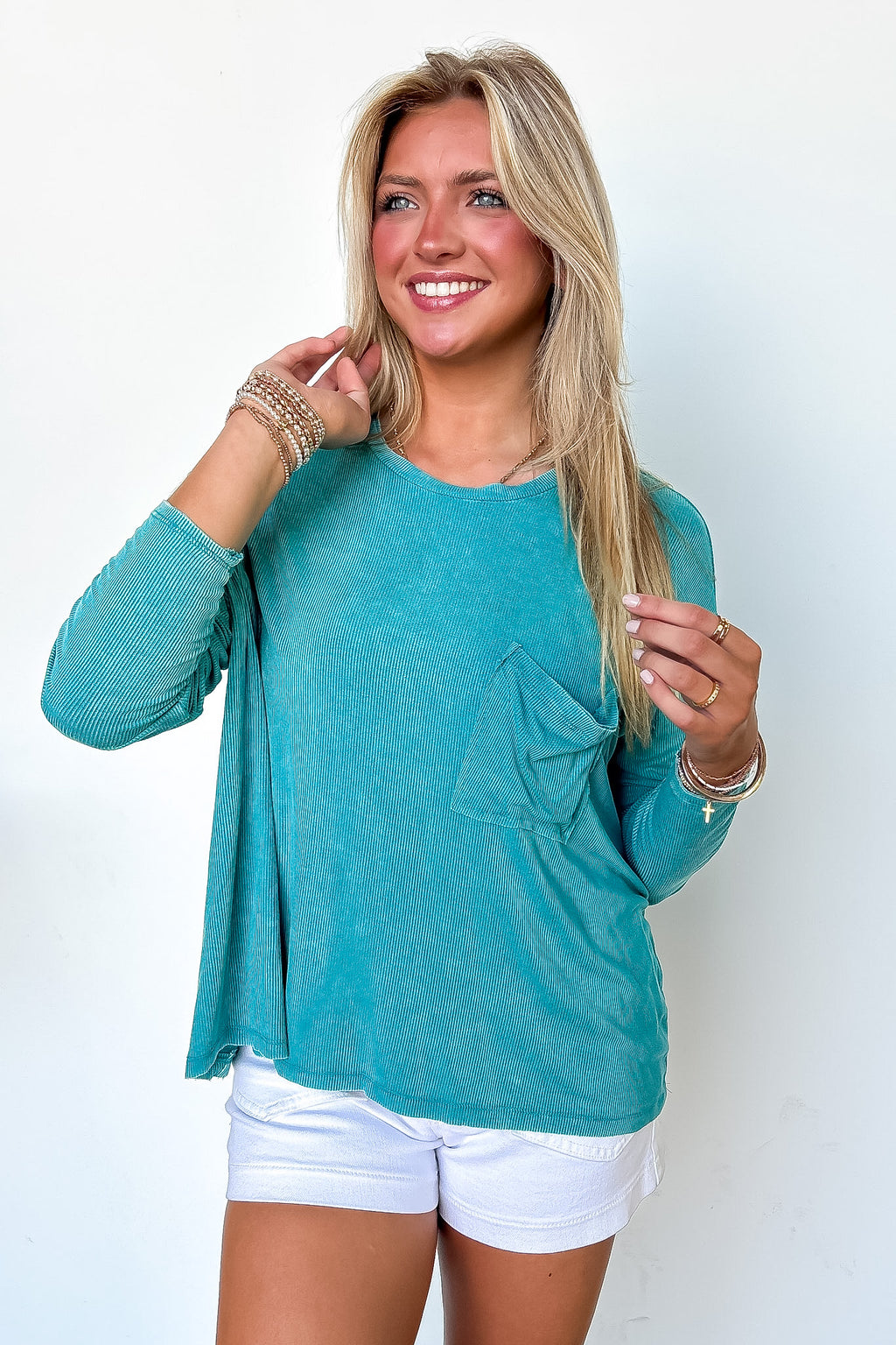 Light Teal / SM Caliana Washed Dolman Sleeve Pocket Top - Madison and Mallory