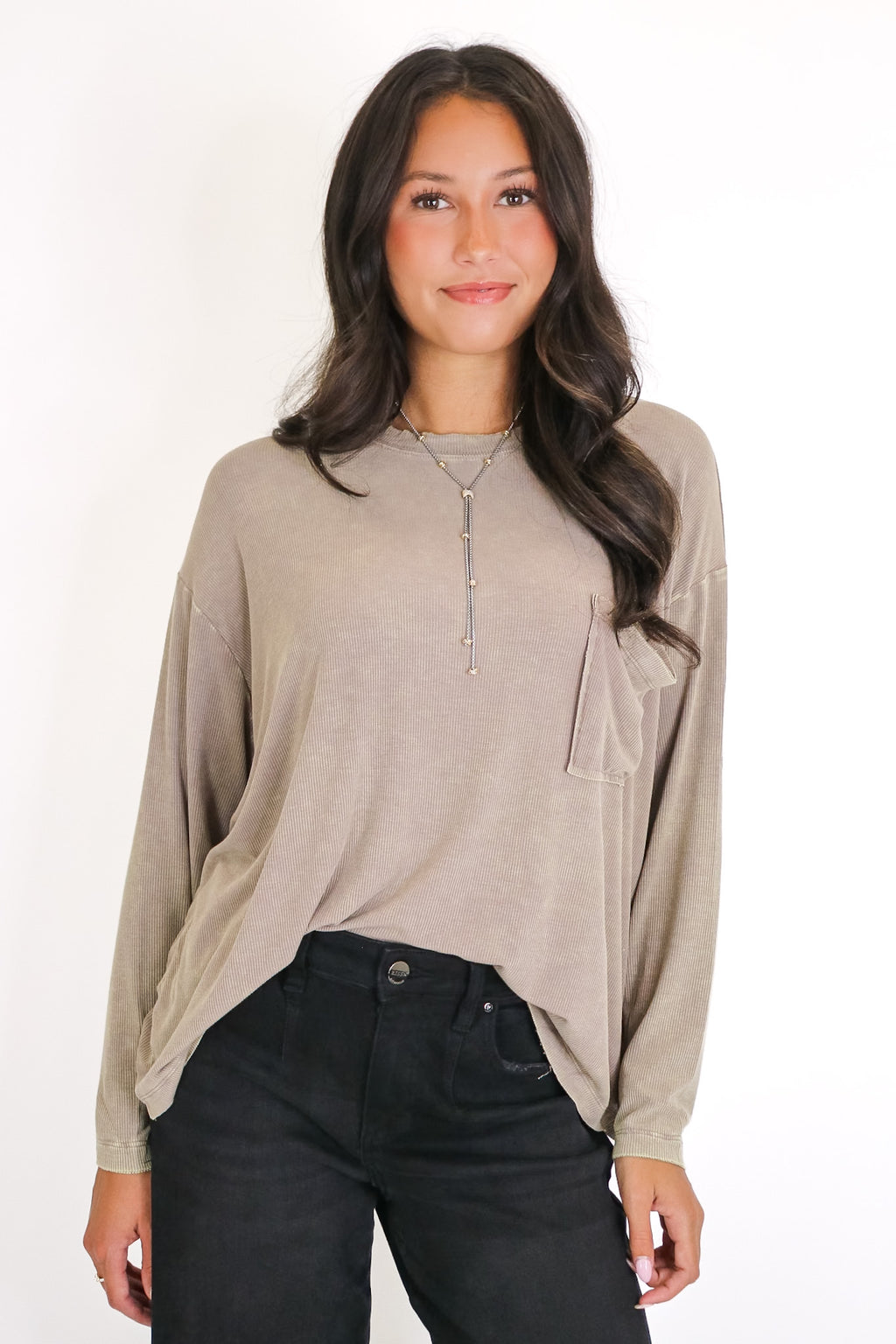 Taupe / SM Caliana Washed Dolman Sleeve Pocket Top - Madison and Mallory