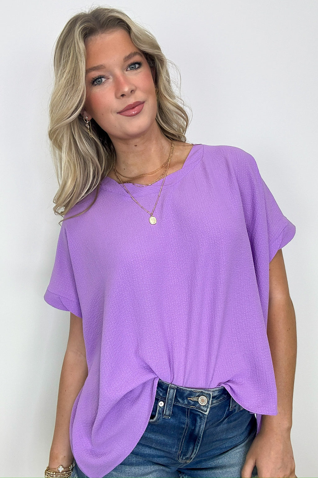 Bright Lavender / S Calise Woven Round Neck Flowy Top - Madison and Mallory