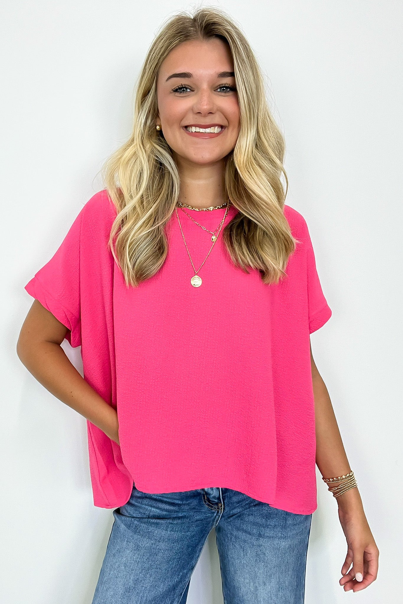  Calise Woven Round Neck Flowy Top - BACK IN STOCK - Madison and Mallory