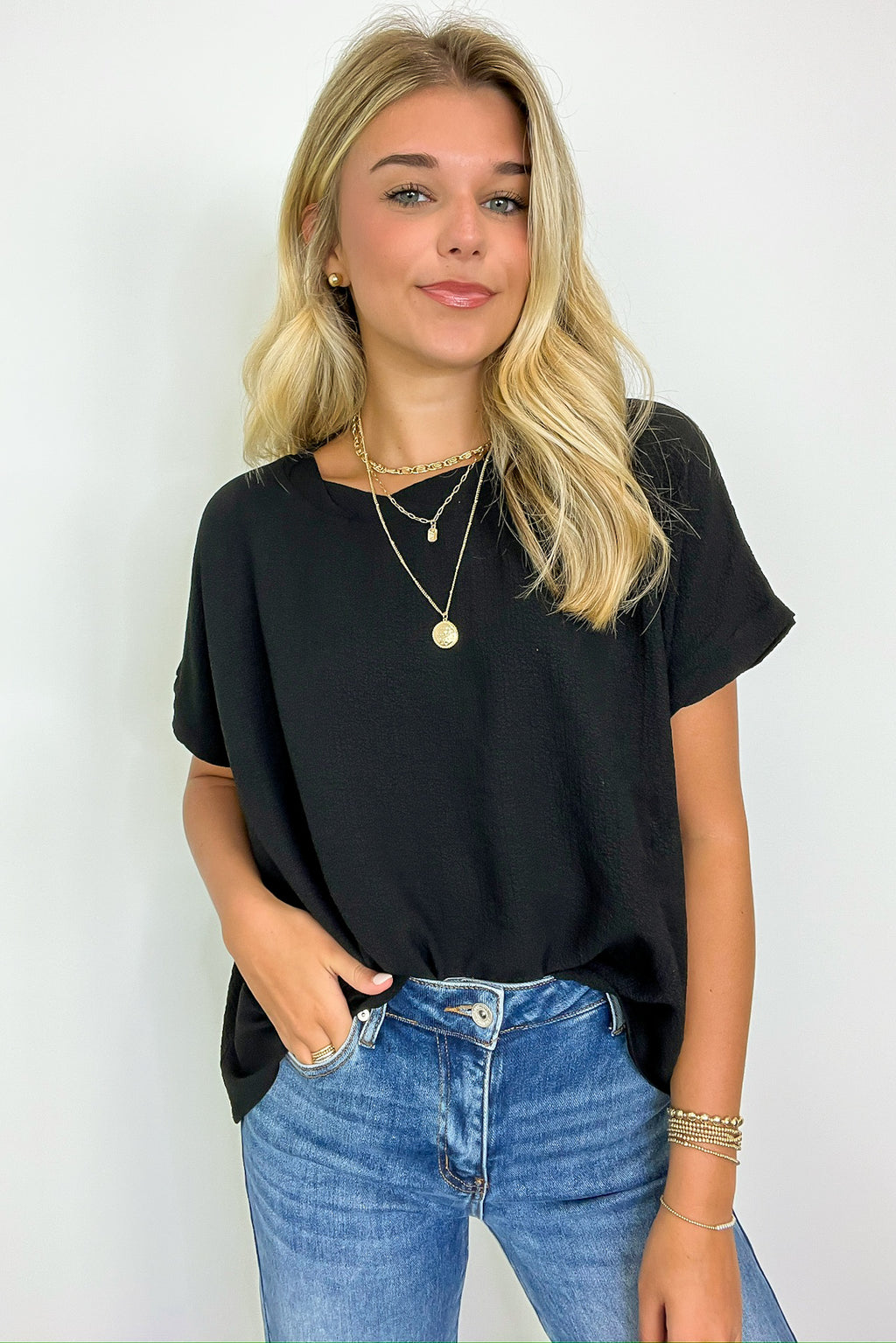 Black / S Calise Woven Round Neck Flowy Top - Madison and Mallory